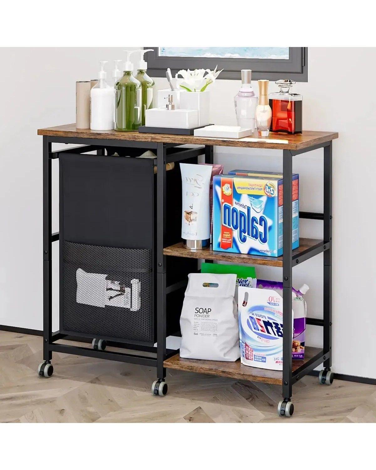 Carrito De Almacenamiento Con Ruedas 2 Bandejas Estantes Con Canasta Extraible Para Ropa Sucia-3
