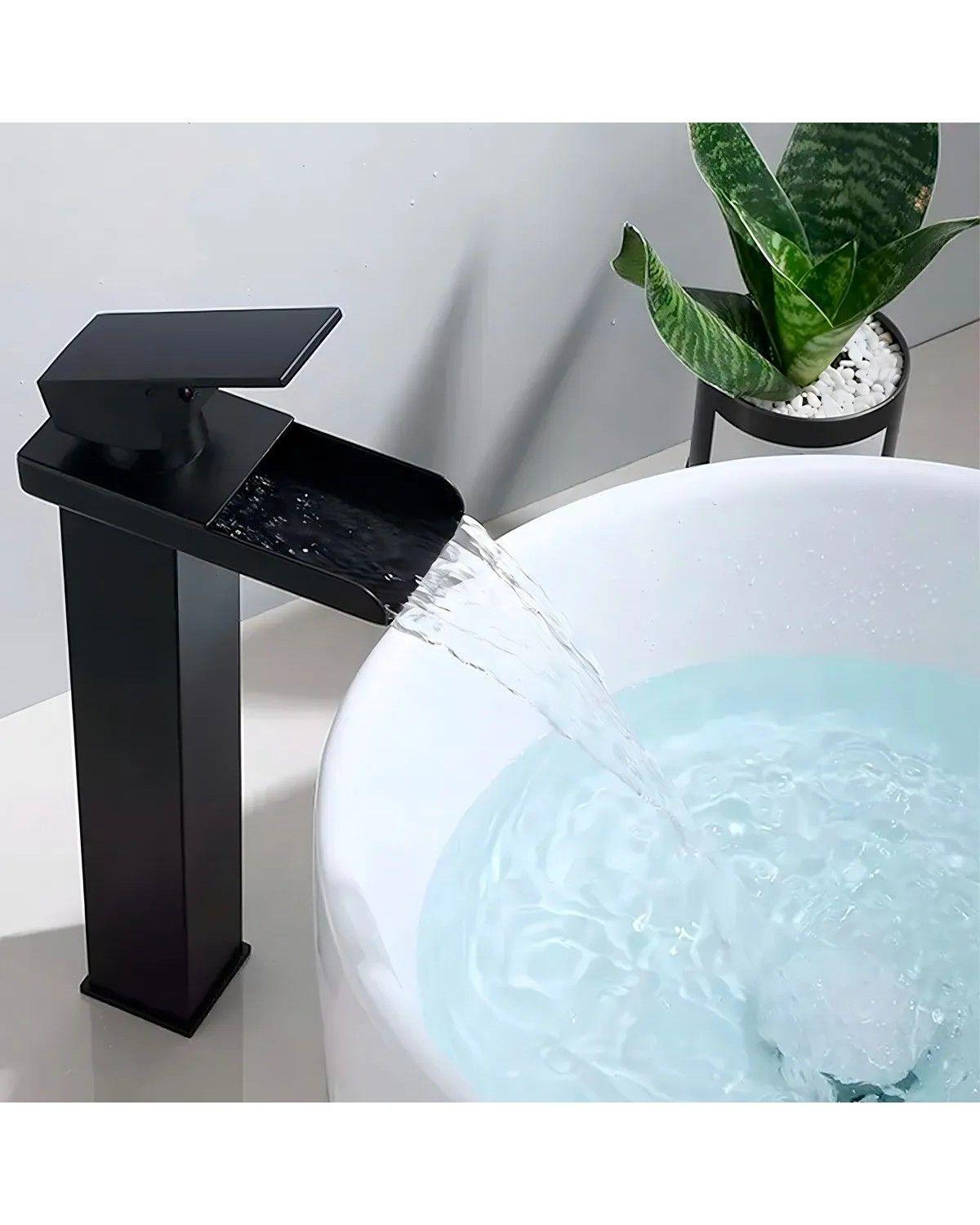 Llave Monomando Lavamanos Lavatorio Alta Cascada Negro-4