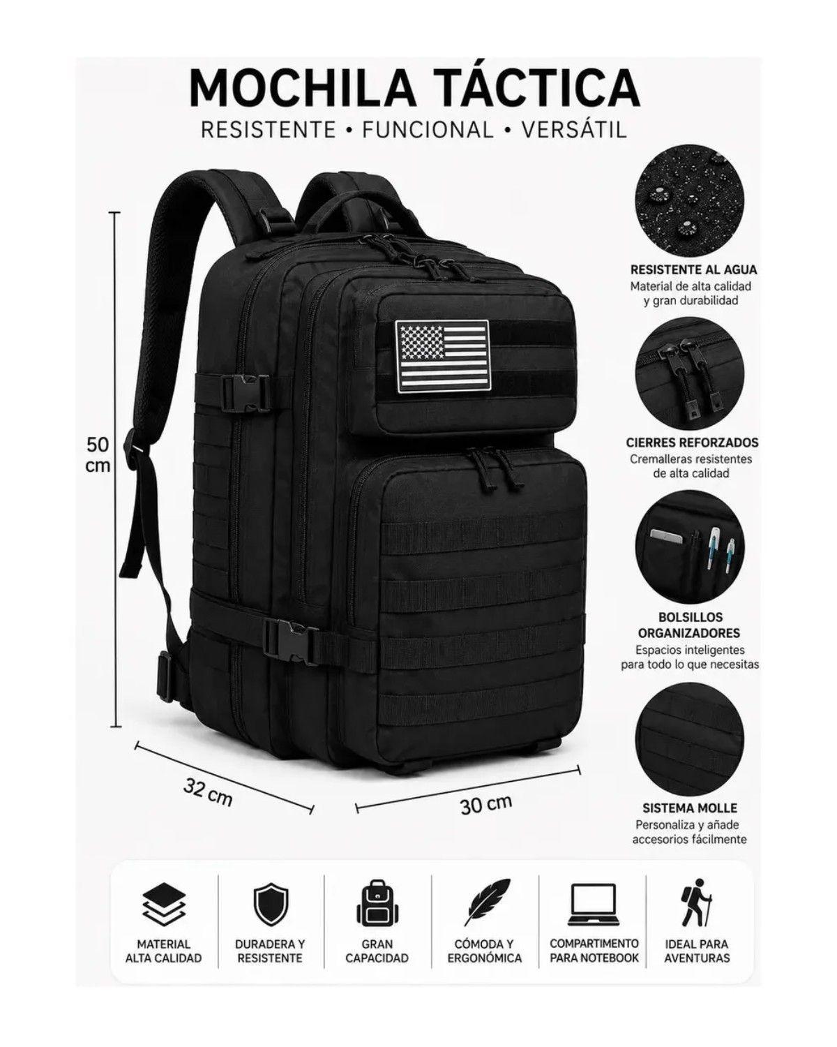 Mochila Tactica 50l Militar Multiusos Camping Notebook Color Negro-2