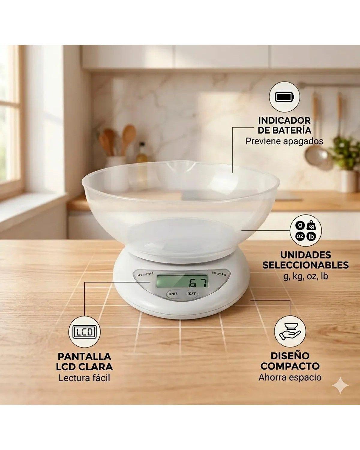 Balanza De Cocina Digital 5 Kg Precision 1g Con Bowl Plastico Apto Alimentos-3