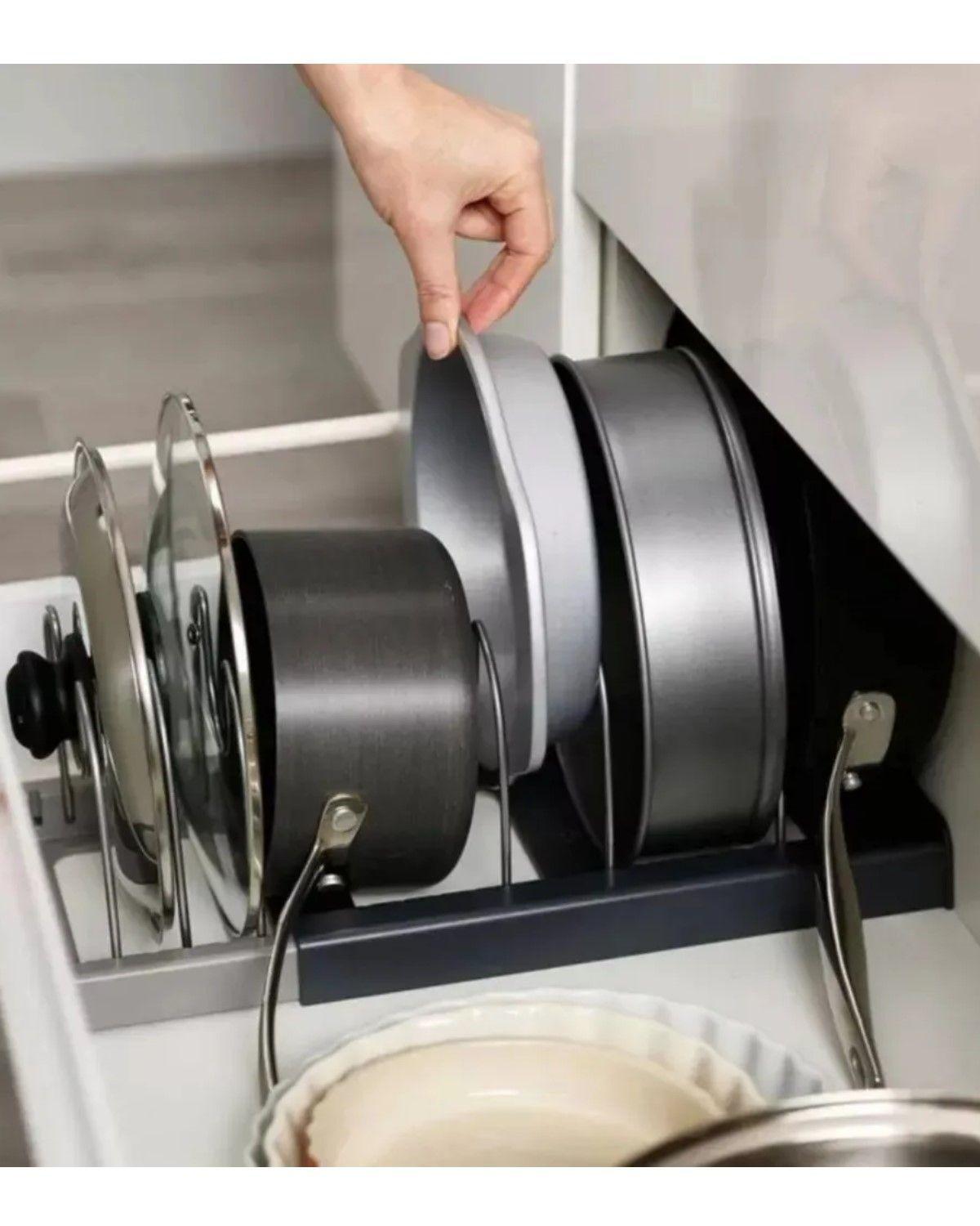 Rack Organizador Tapas Ollas Expandible Cocina Menaje Sartén Negro Y Gris-2