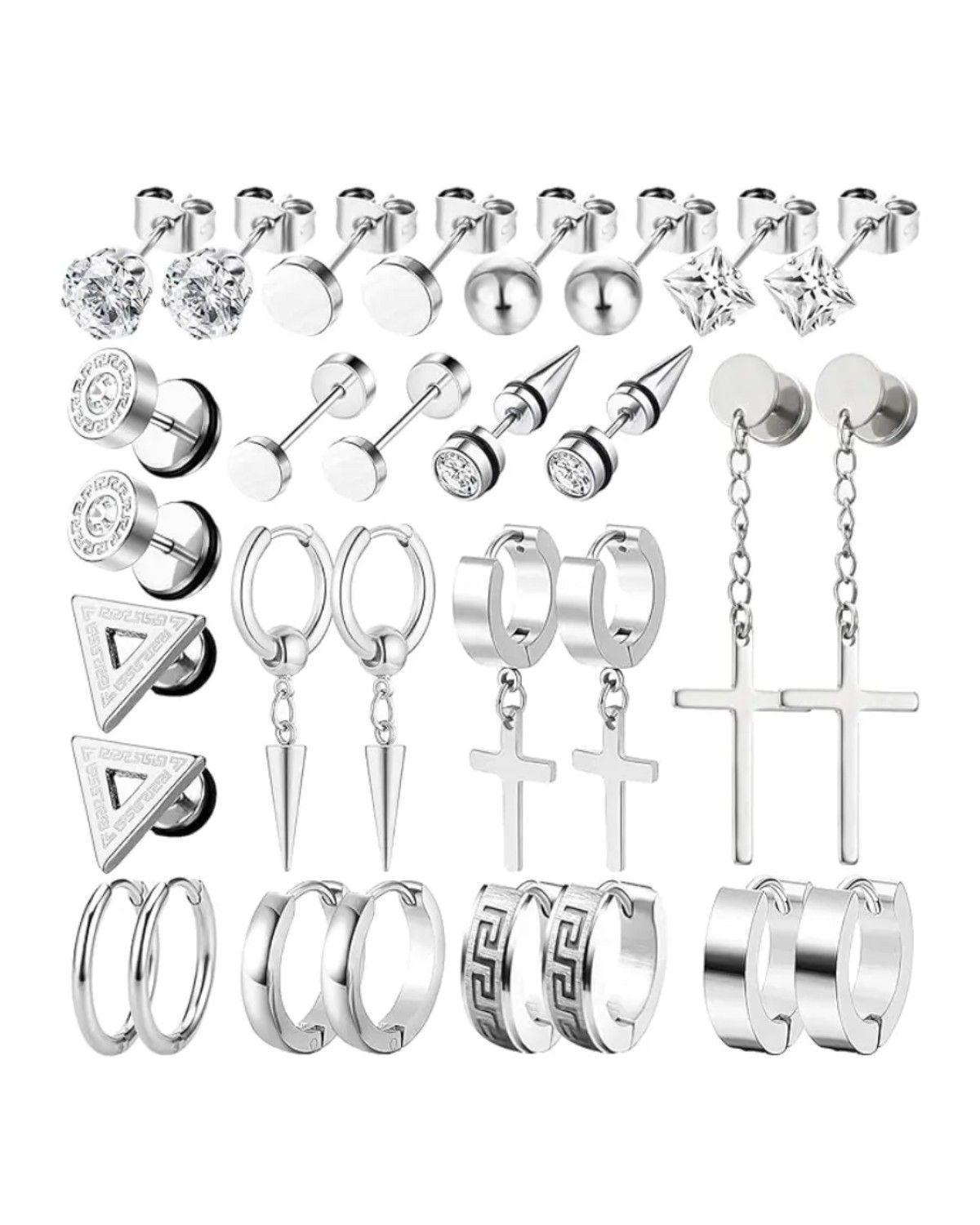 15 Pares Aros Aretes Pendientes Hombre Plata-0