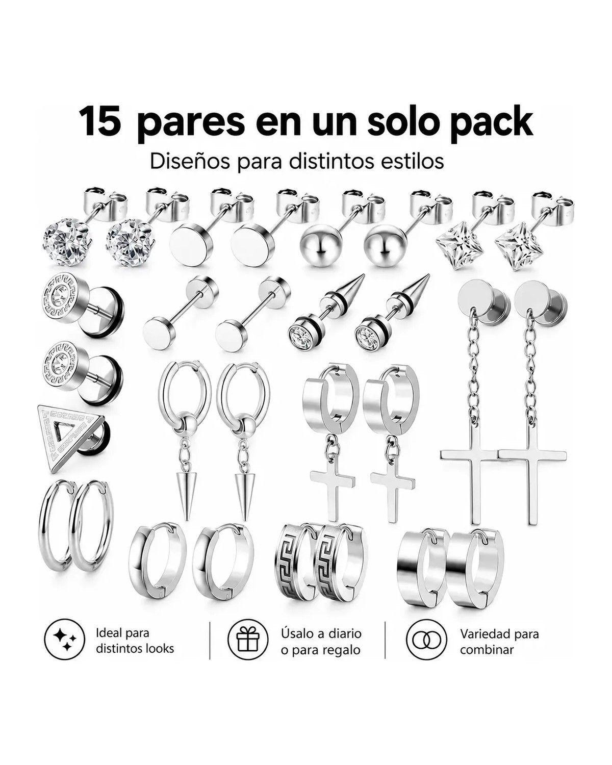 15 Pares Aros Aretes Pendientes Hombre Plata-2