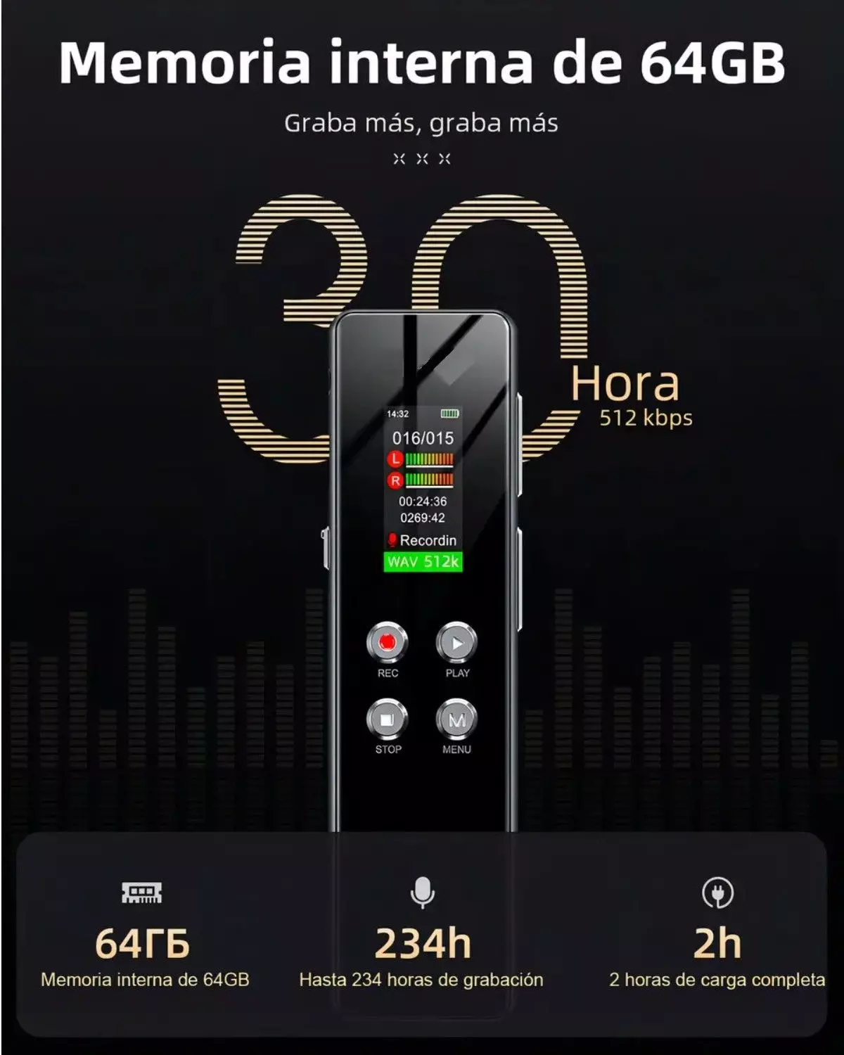 Grabador de voz digital V01 de 64 GB color negro-2