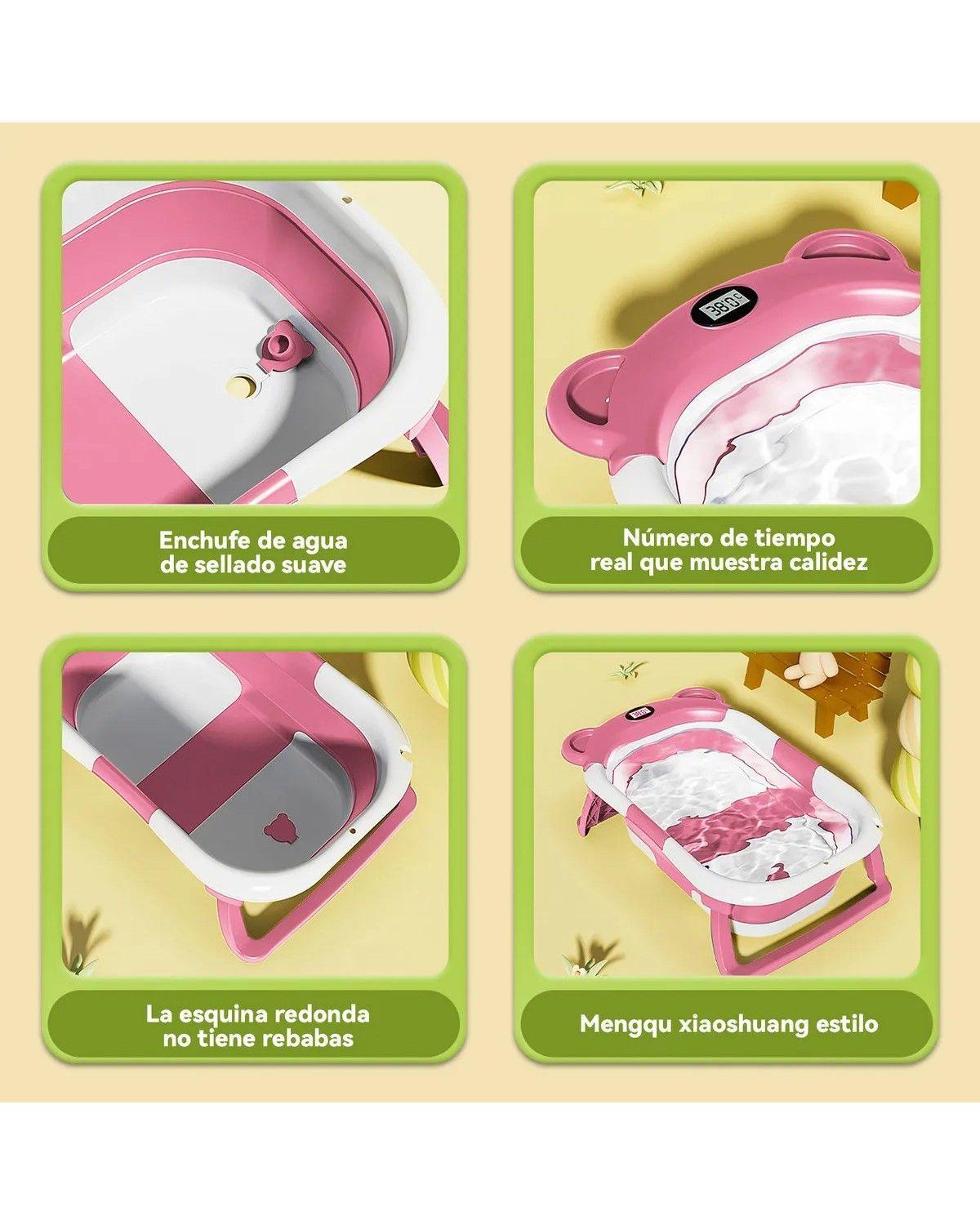 Bañera Tina Baño Bebe Plegable Portátil con Cojín Termometro Color Rosa-2