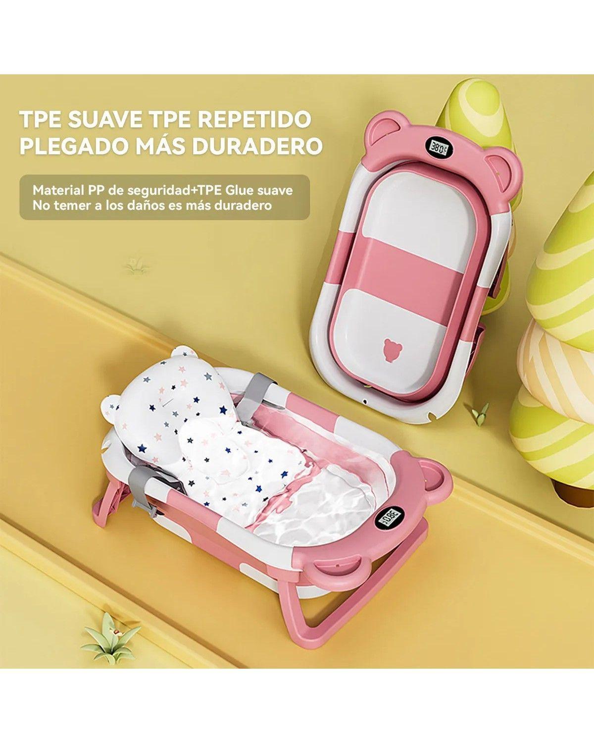 Bañera Tina Baño Bebe Plegable Portátil con Cojín Termometro Color Rosa-3