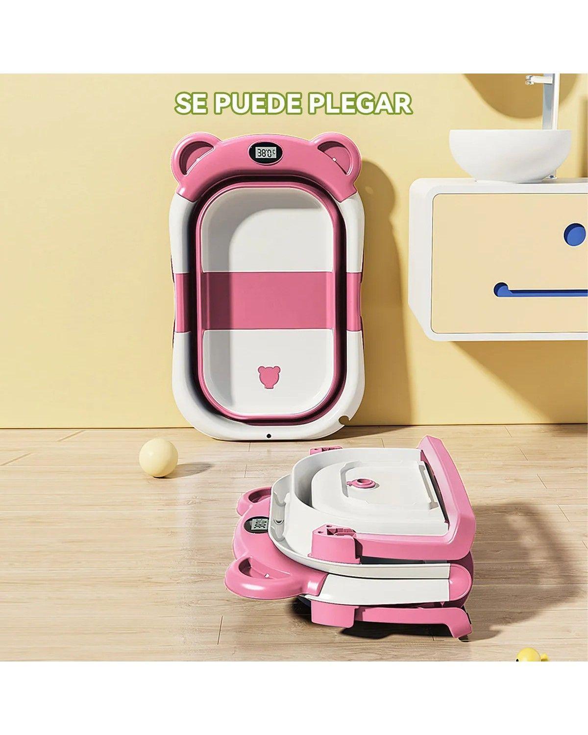 Bañera Tina Baño Bebe Plegable Portátil con Cojín Termometro Color Rosa-4