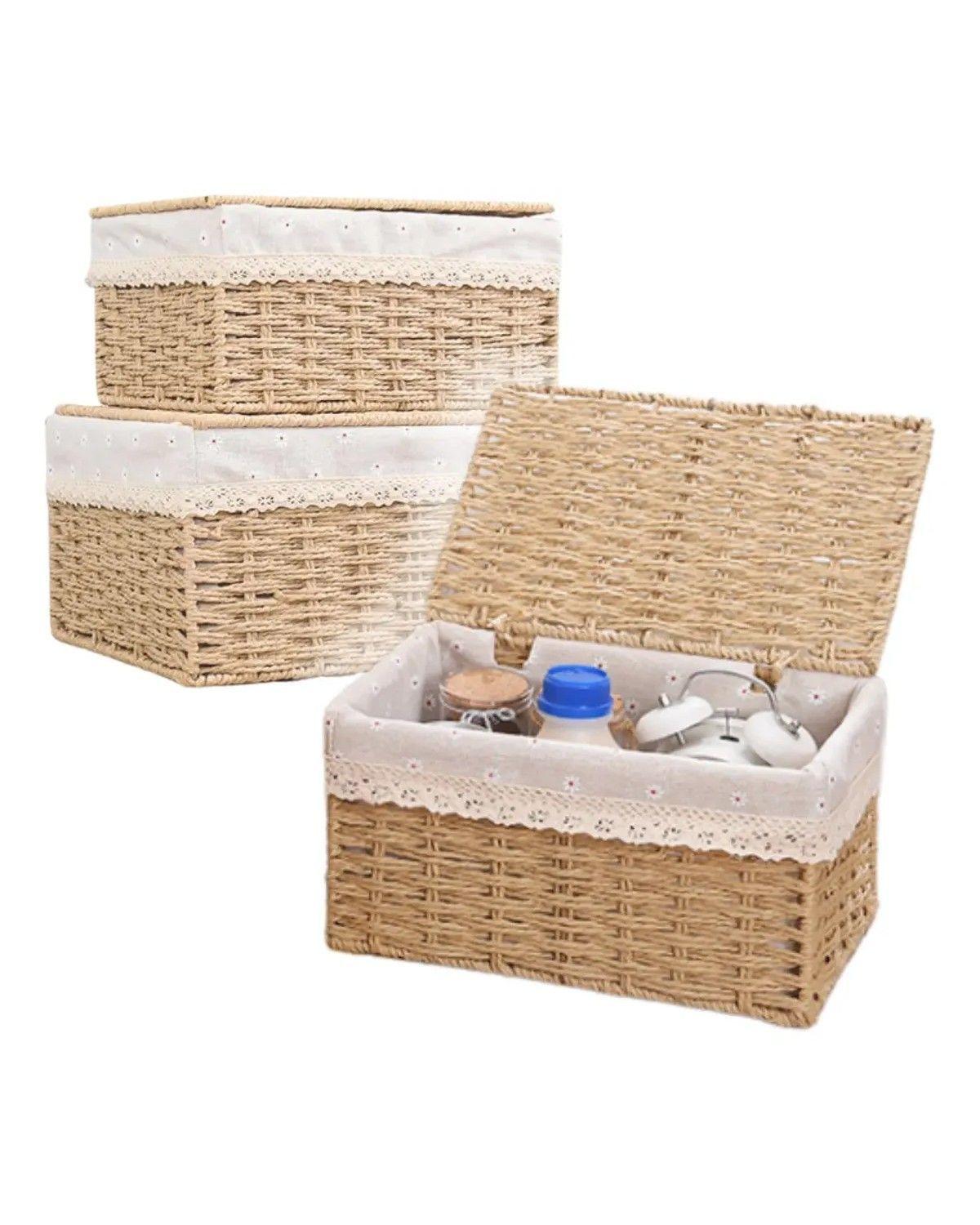 2 Set Cesta Almacenamiento Tejida Mimbre Con Tapa Decorativa-0
