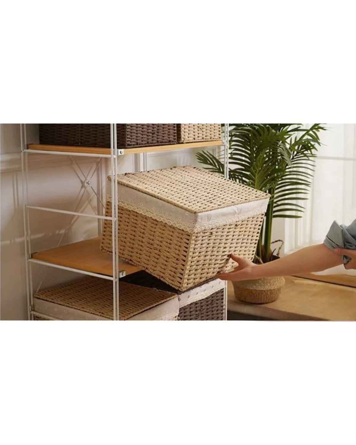 2 Set Cesta Almacenamiento Tejida Mimbre Con Tapa Decorativa-1