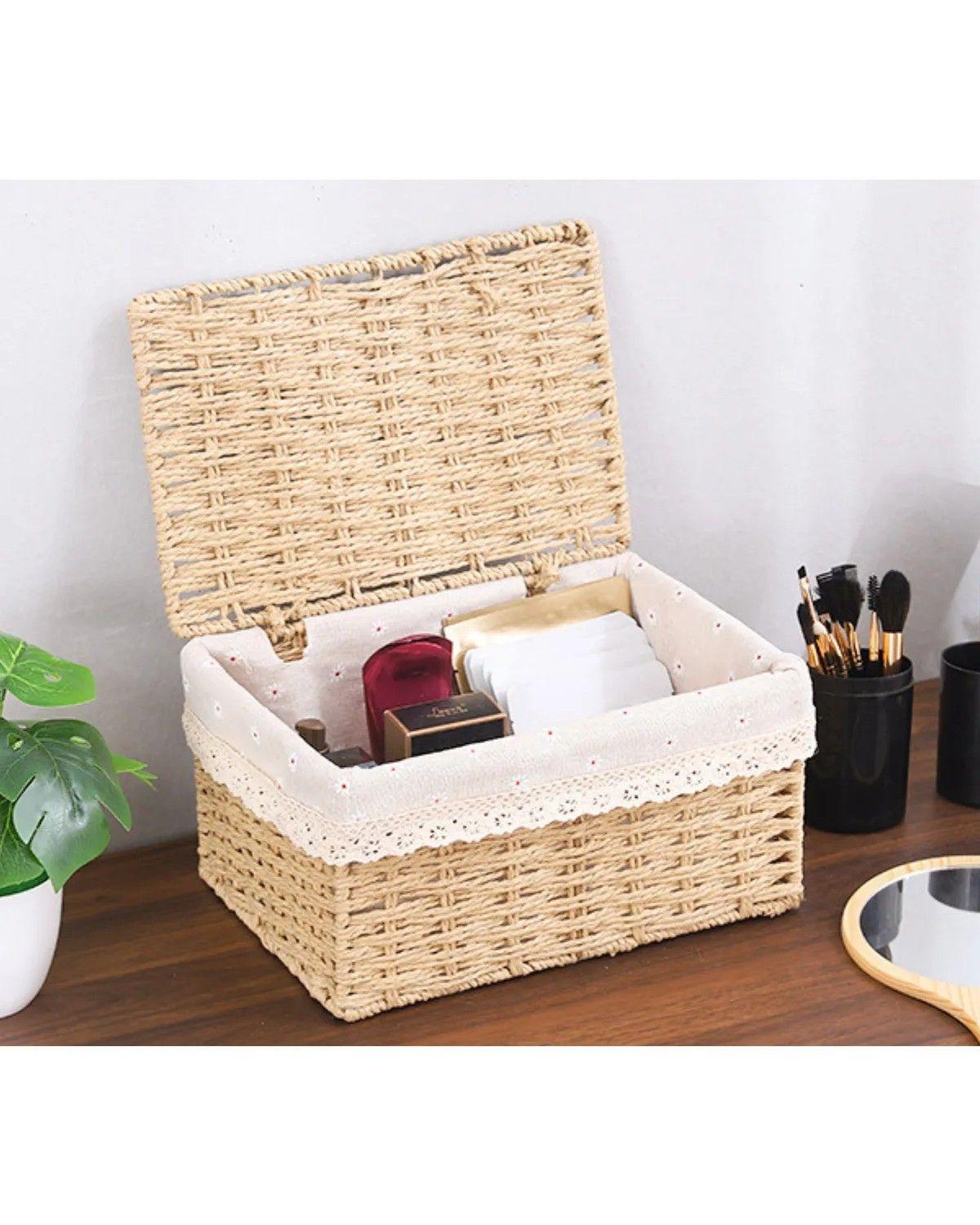 2 Set Cesta Almacenamiento Tejida Mimbre Con Tapa Decorativa-2
