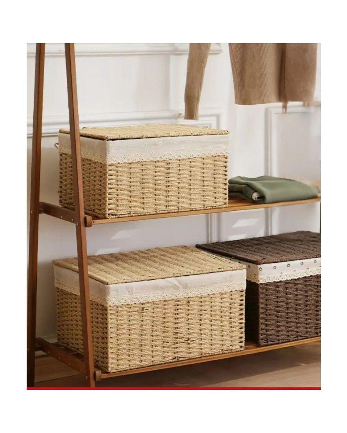 2 Set Cesta Almacenamiento Tejida Mimbre Con Tapa Decorativa-3