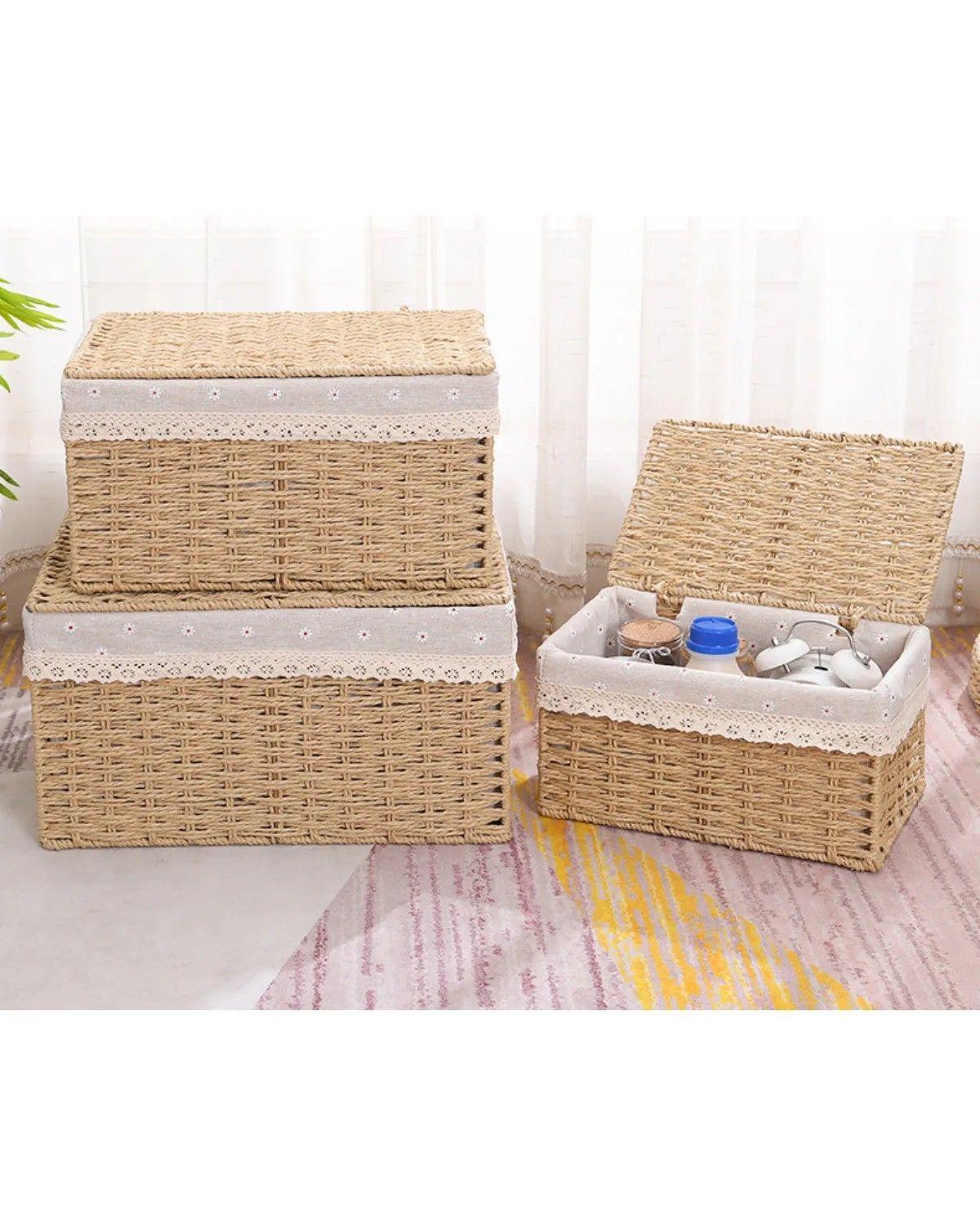 2 Set Cesta Almacenamiento Tejida Mimbre Con Tapa Decorativa-4