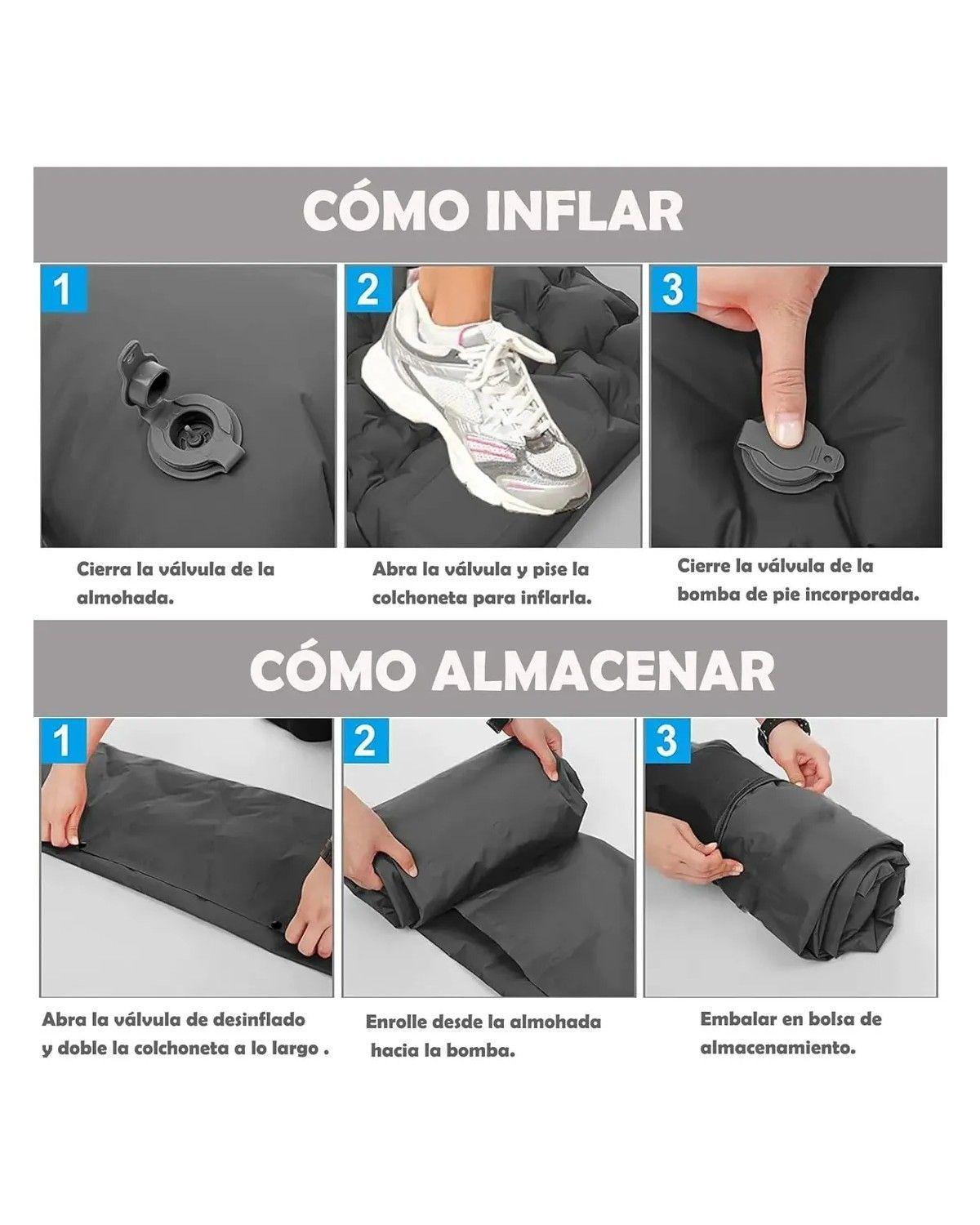 Colchón Inflable Portátil Acampar Dormir Doble Ultraligera Gris-2