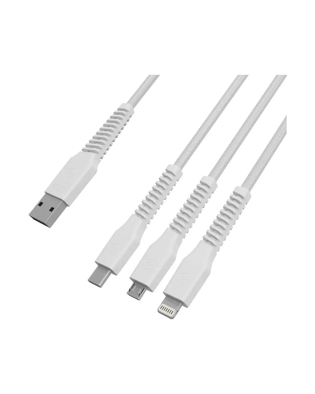 Cable Cargador Line X USB A con Triple Salida (Lightning, USB-C y Micro USB) de 1.2 m, Blanco-2