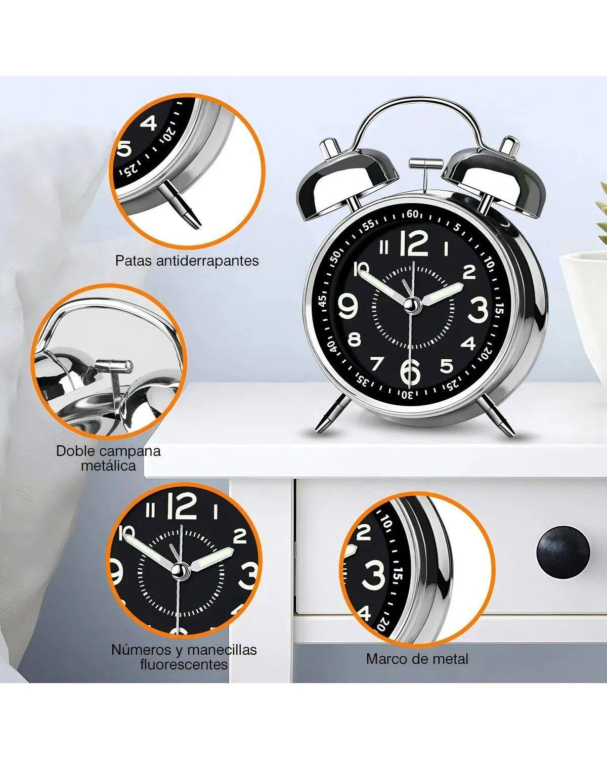 Reloj Despertador Luz Nocturna De Campana Bimetálica-2