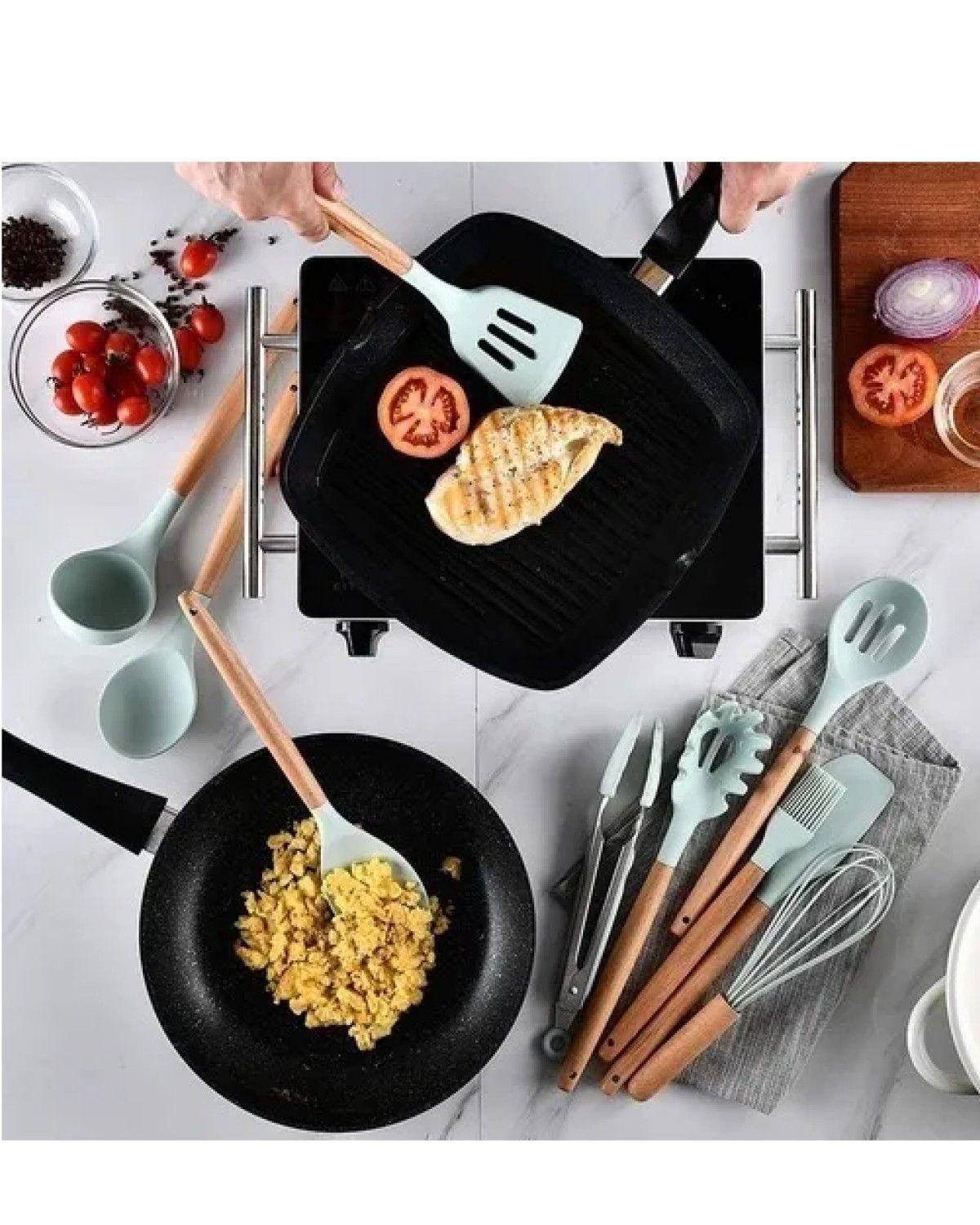 Set 12 Utensilios Cocina Mango Silicona Y Madera para respoteria-3