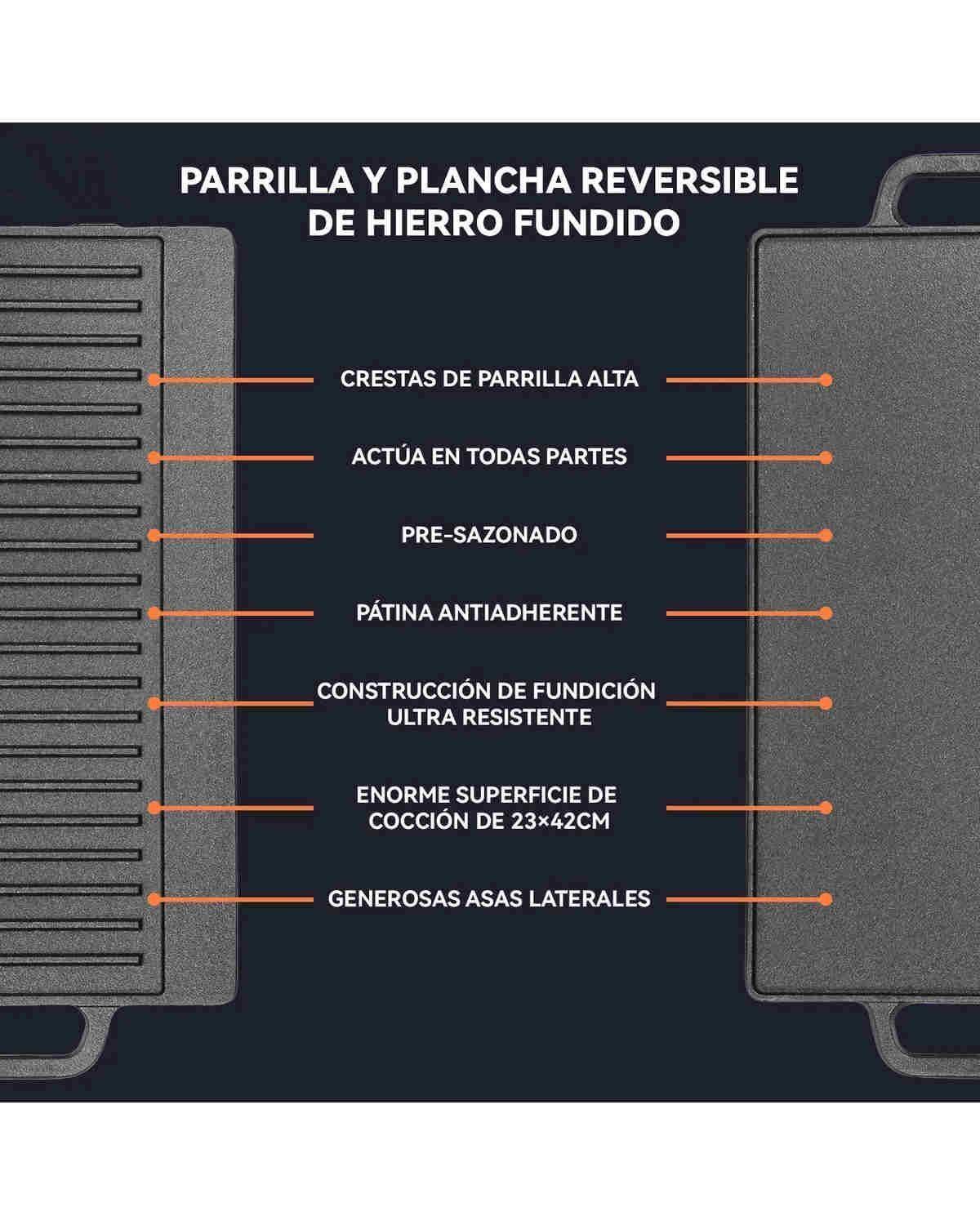 2 En 1 Plancha Churrasquera Reversible Hierro Fundido 50cm Negro-3
