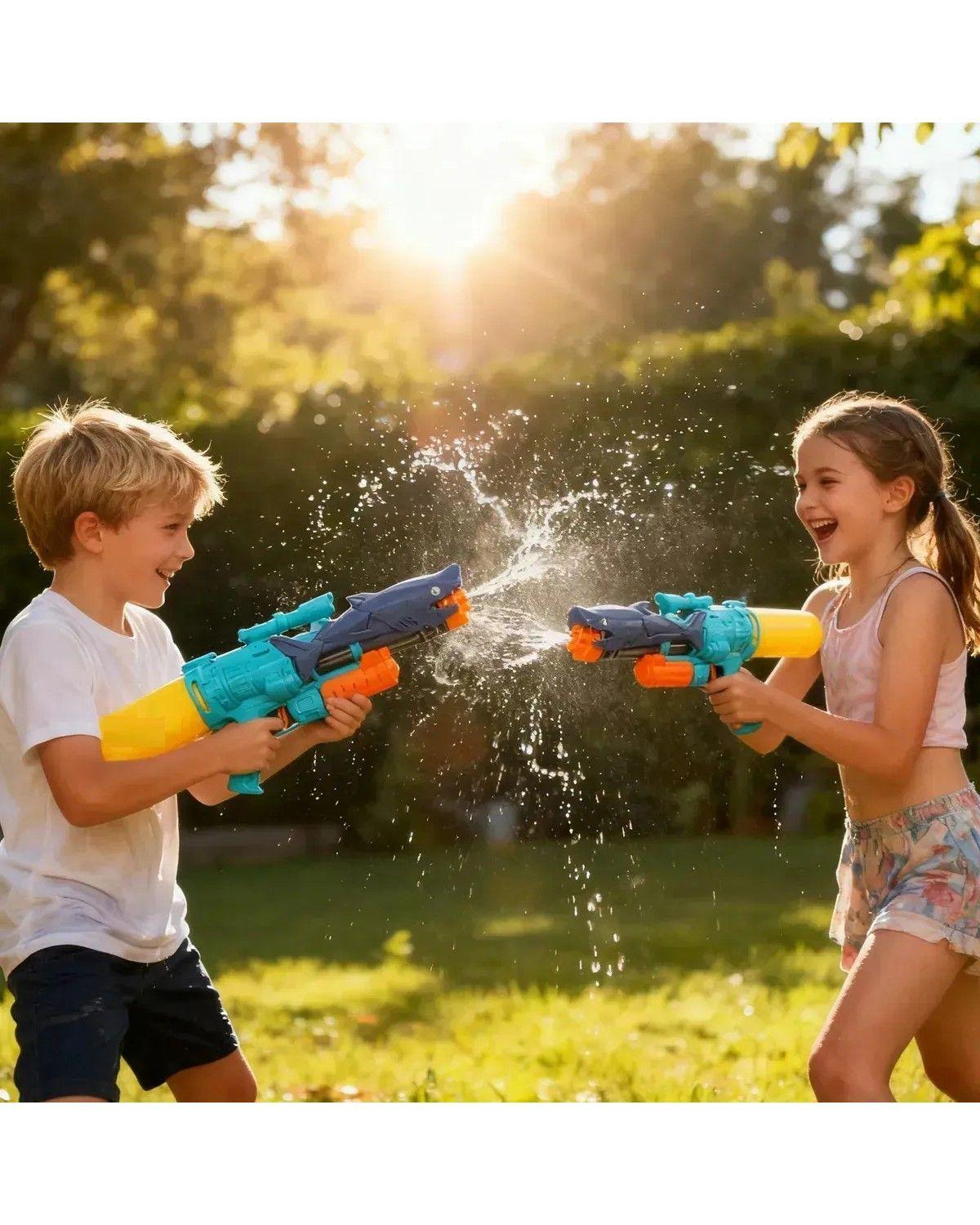 Pistola Lanza Agua Tiburón 1000ml Azul 58cm Ametralladora Niños-2