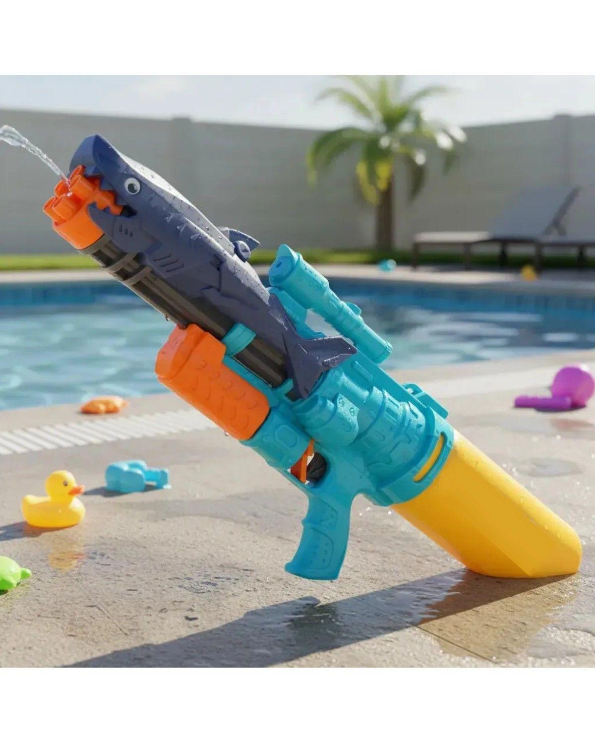 Pistola Lanza Agua Tiburón 1000ml Azul 58cm Ametralladora Niños-3