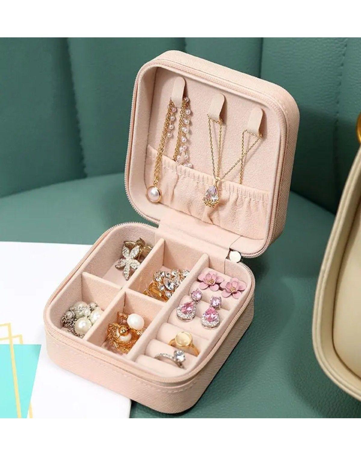 Joyero Portátil Caja Organizadora De Joyas Anillos Collar Color Rosa-2