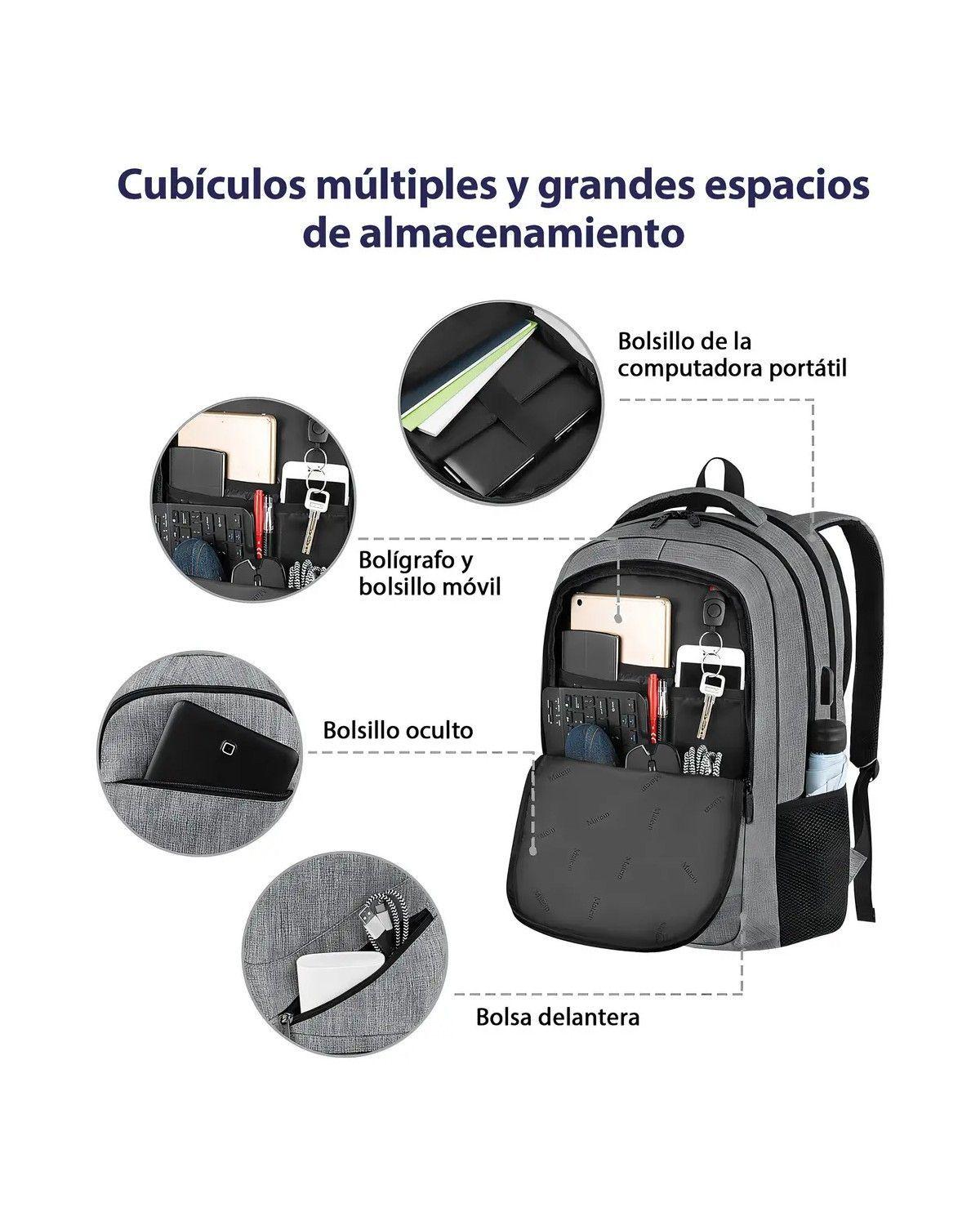 Mochila1035 Gris 30L Antirrobo e Impermeable Para Notebook 17 Pulgadas Con Puerto USB-4