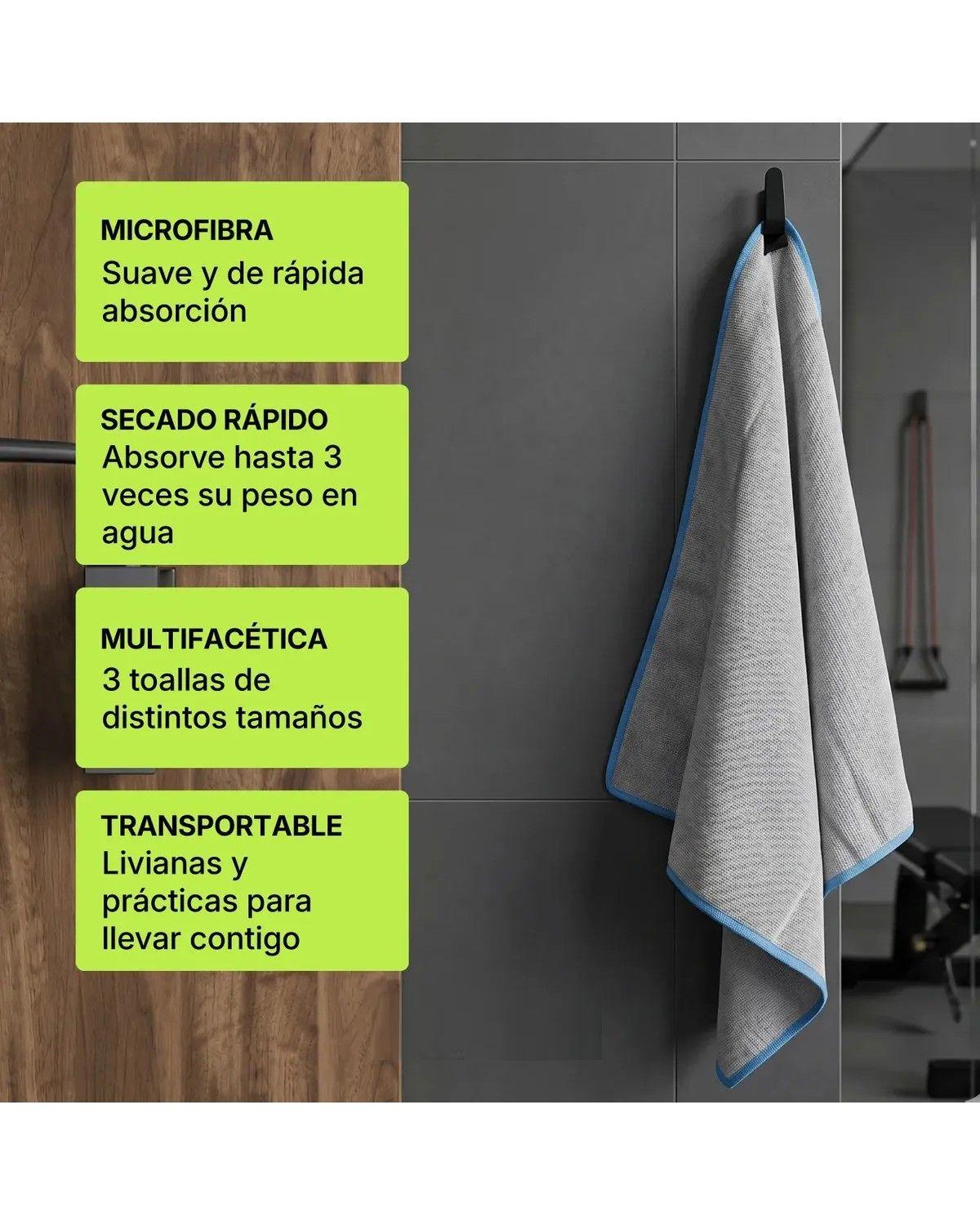 Toalla Microfibra Set 3 Secado Rapido con Estuche de Viaje Color Gris-3