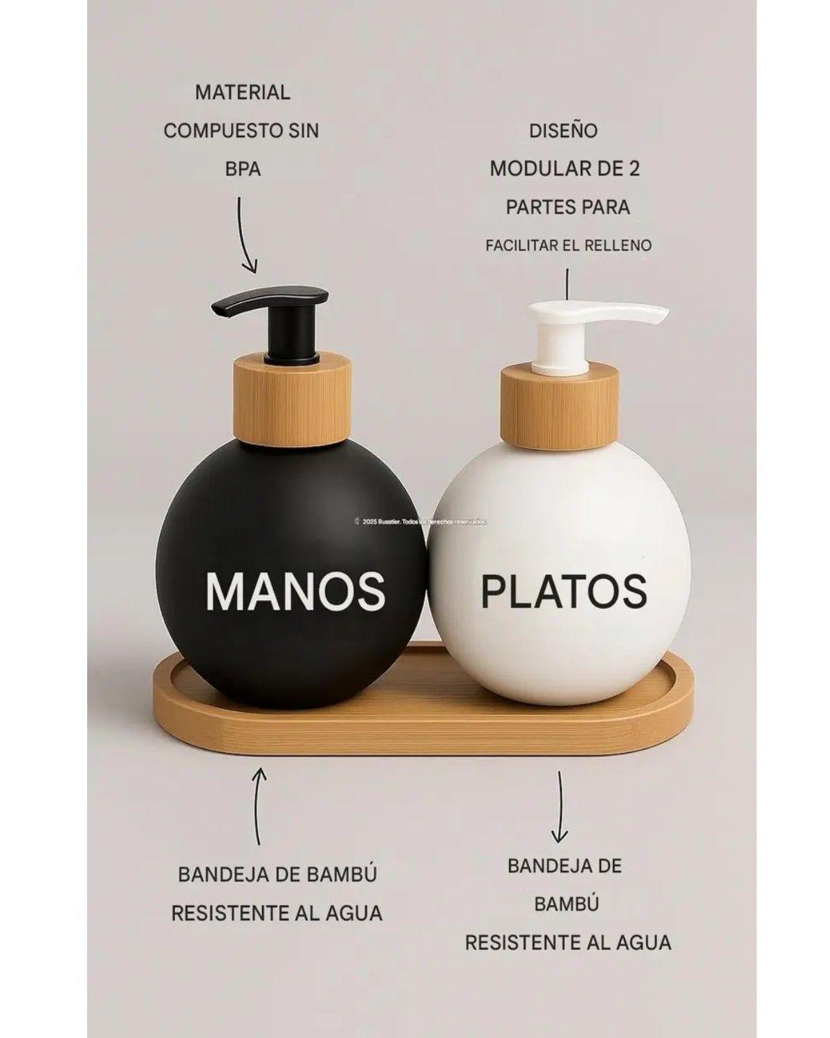 2 Dispensador De Jabon Y Detergente Botella 500 Ml +bandeja Blanco Y Negro-2
