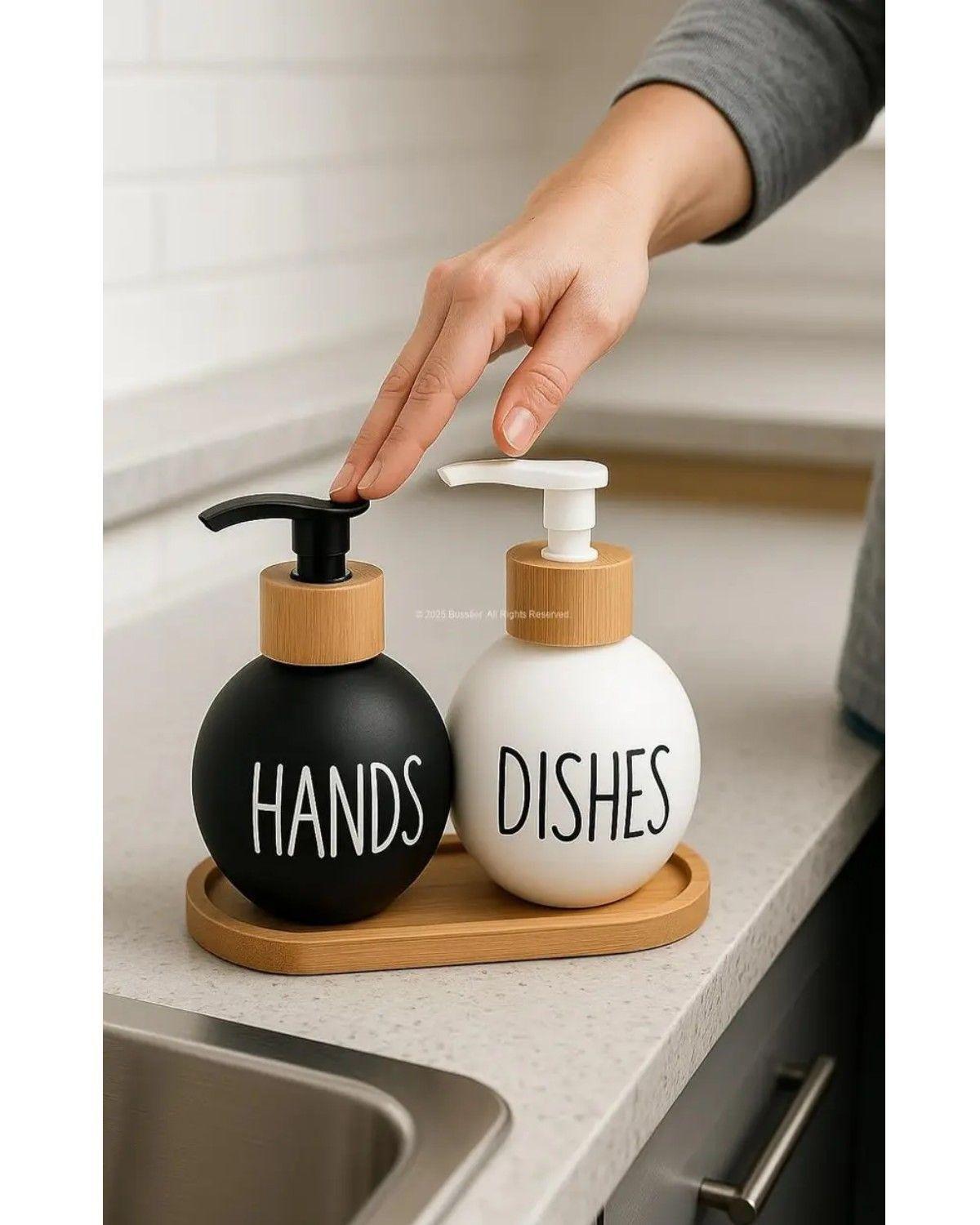 2 Dispensador De Jabon Y Detergente Botella 500 Ml +bandeja Blanco Y Negro-3
