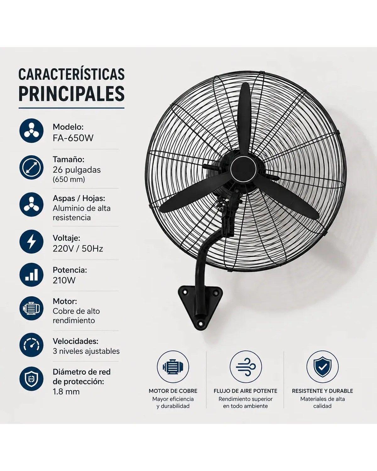 Ventilador Industrial de Pared 26" con 3 Velocidades y Motor de Cobre-2