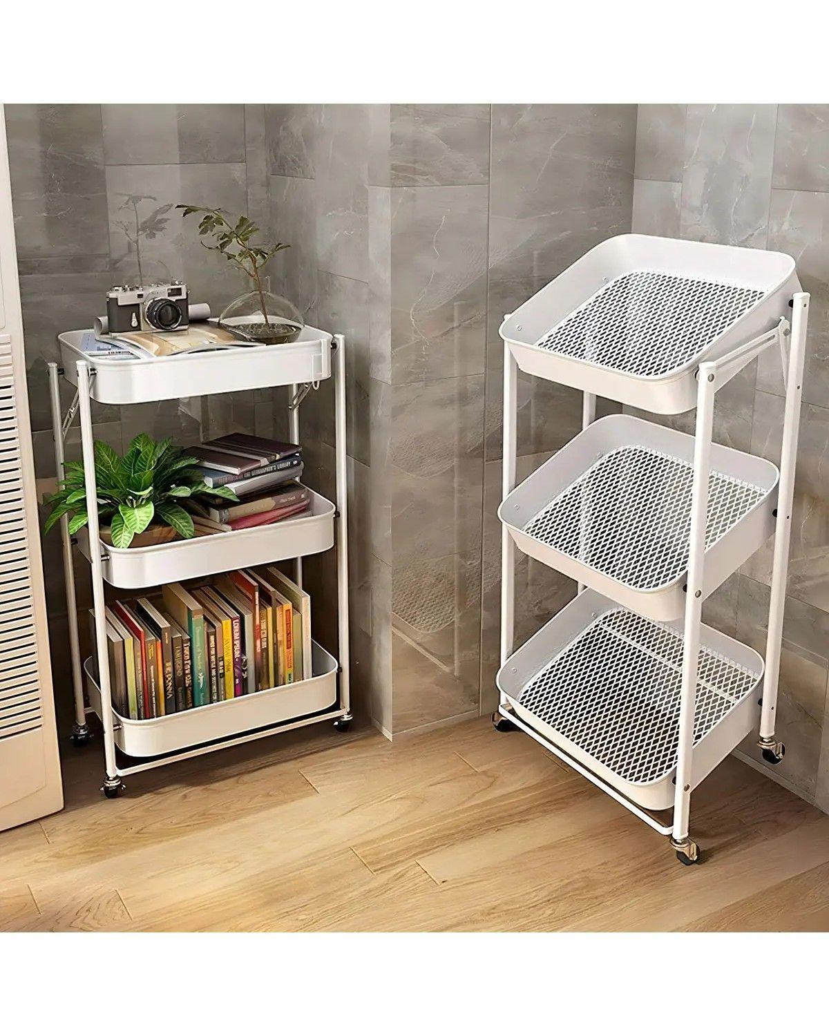 Organizador Carro Plegable Multiuso De 3 Niveles Con Ruedas Color Blanco-3