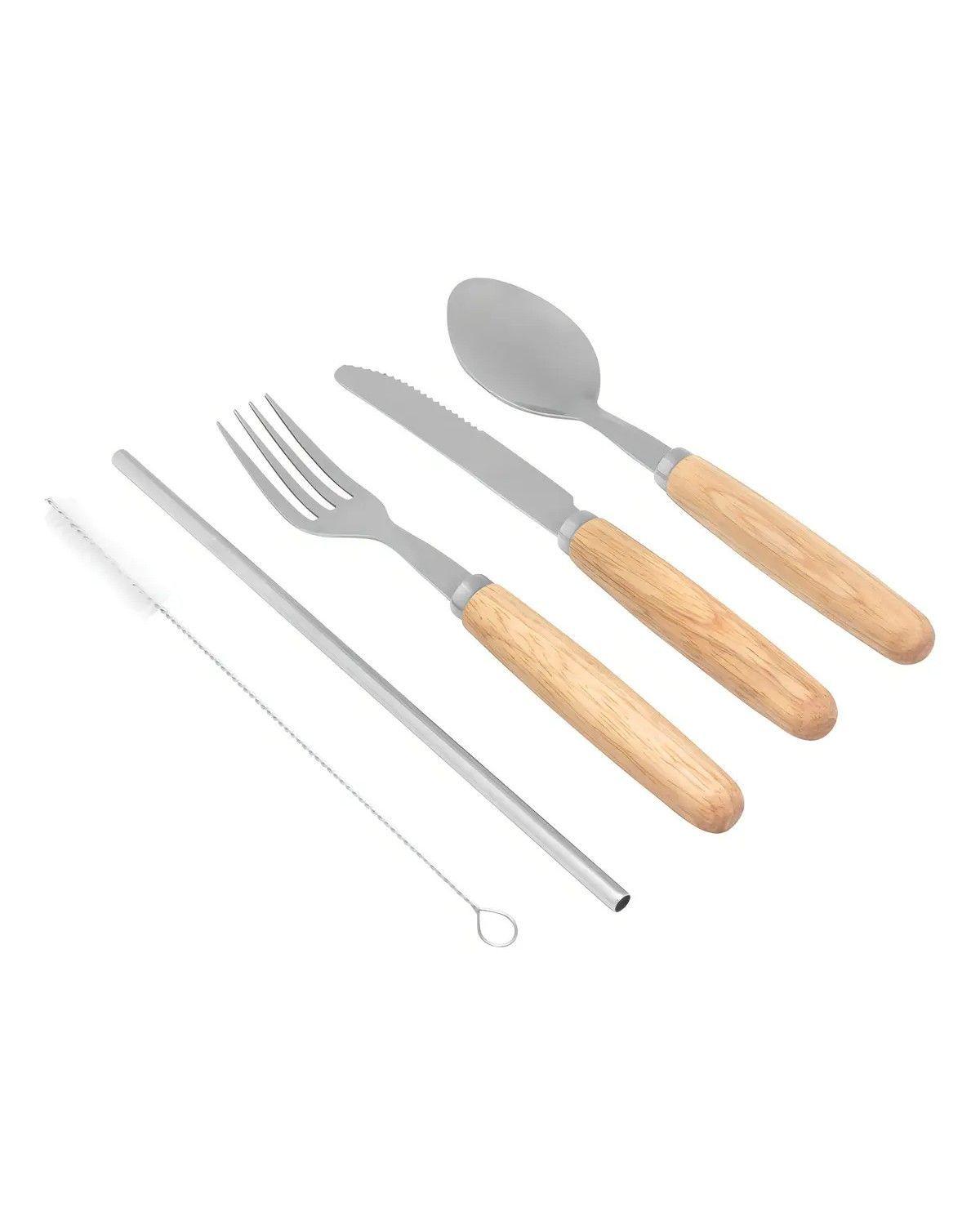 Set Cubiertos Ecológicos 5 Piezas Mango Madera Estuche Marrón-2