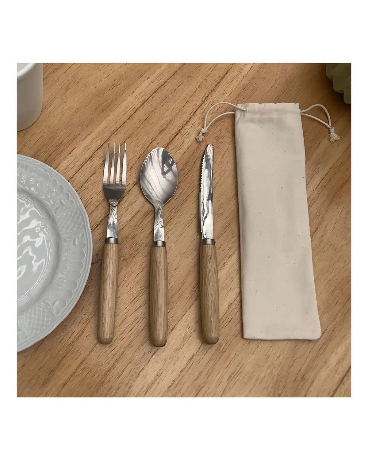 Set Cubiertos Ecológicos 5 Piezas Mango Madera Estuche Marrón-3