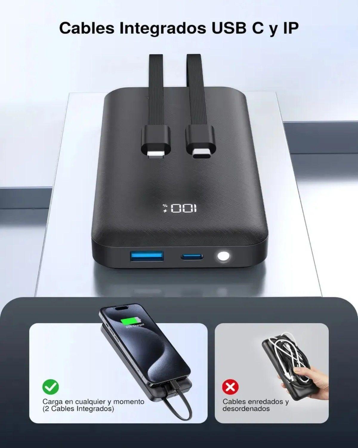 Batería Externa BAT101 Power Bank 10000mah Carga Rapida 22.5w Built In 2 Cables(IP + Tipo C) c-2