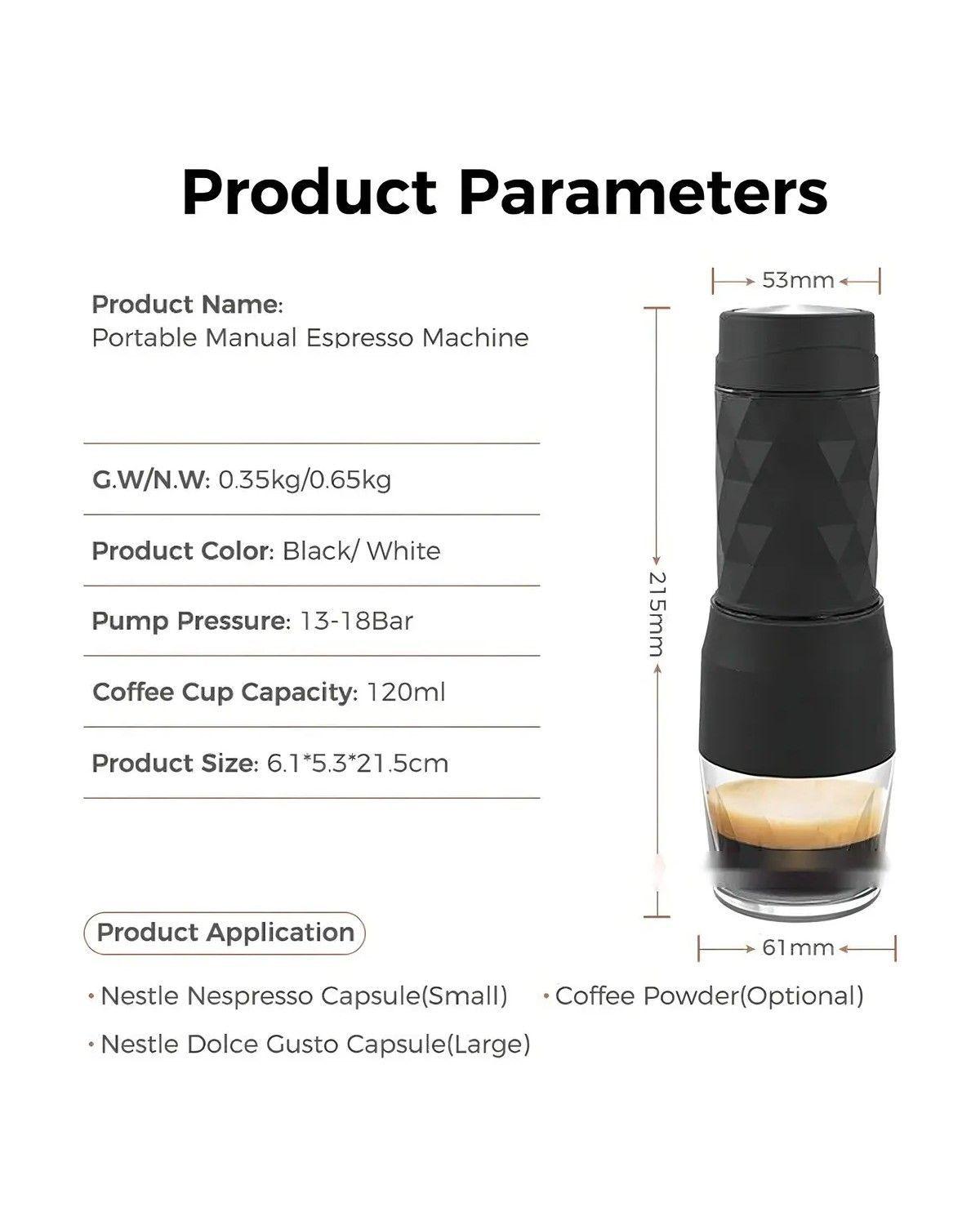 Máquina Café Expreso Portátil Manual 3 En 1 Capsulas Nes Dg Modelo 531as Capacidad Del T-3