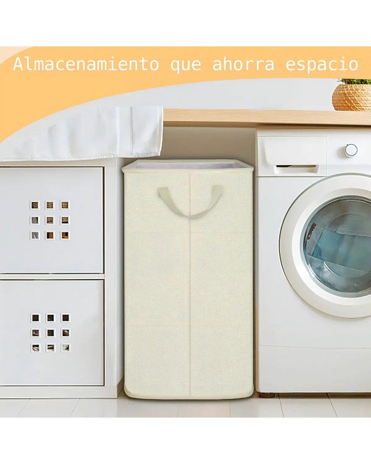 Cesto de Ropa Plegable 80 Litros Beige Asas Resistentes Diseño Cuadrado-2