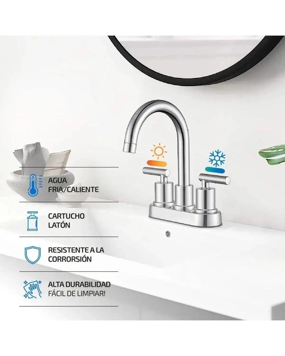 Grifería De Baño Acabado Cromo Espejo - Doble Manija, Grifo Para Lavamanos, Instalación Fácil-2
