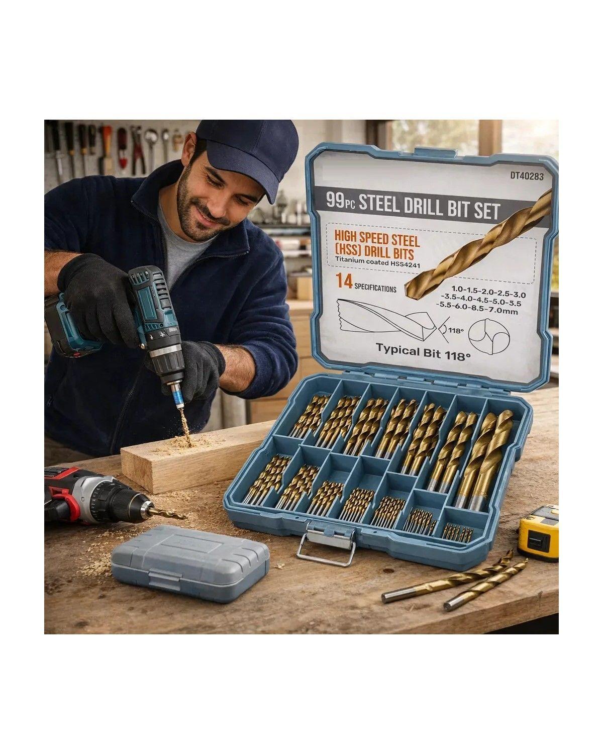 Juego de Brocas HSS 99 Piezas SAE 1/16-3/8 Metal Madera-3