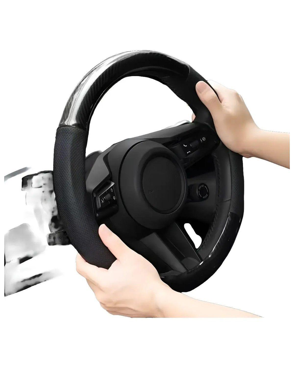1 Cubre Manubrio Auto Volante Cuero Premium Y Fibra Carbono-0
