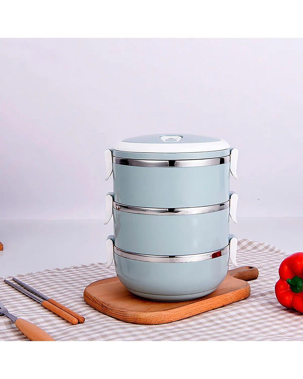 Lonchera Térmica Fiambrera 3 Niveles 2100ml: Comida Caliente Color Azul-2