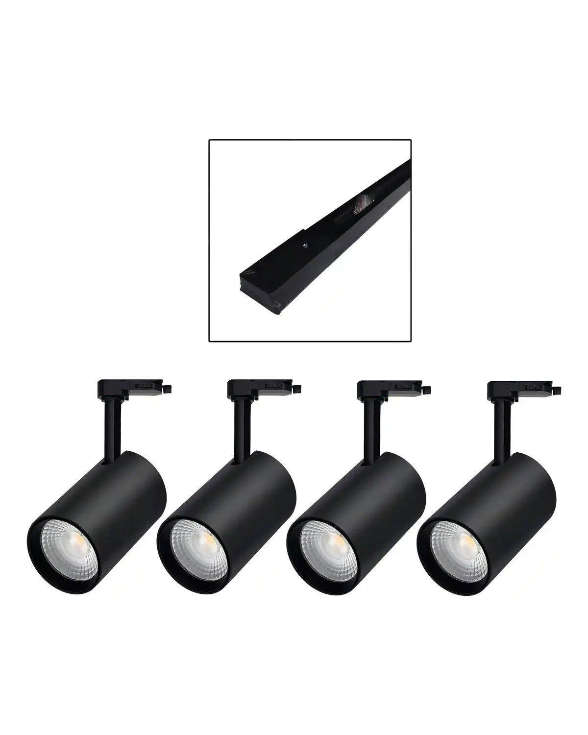 4 Foco Riel Luz Cálida 7w 3000k + Riel Monofásico 1mt Negro-1