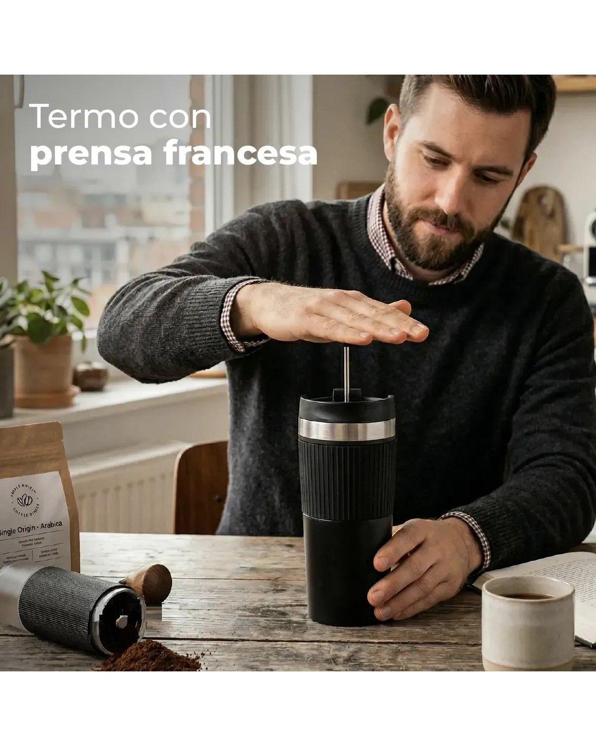Termo Prensa Francesa Portatil Buffer 350ml Acero Inoxidable - Negro-3