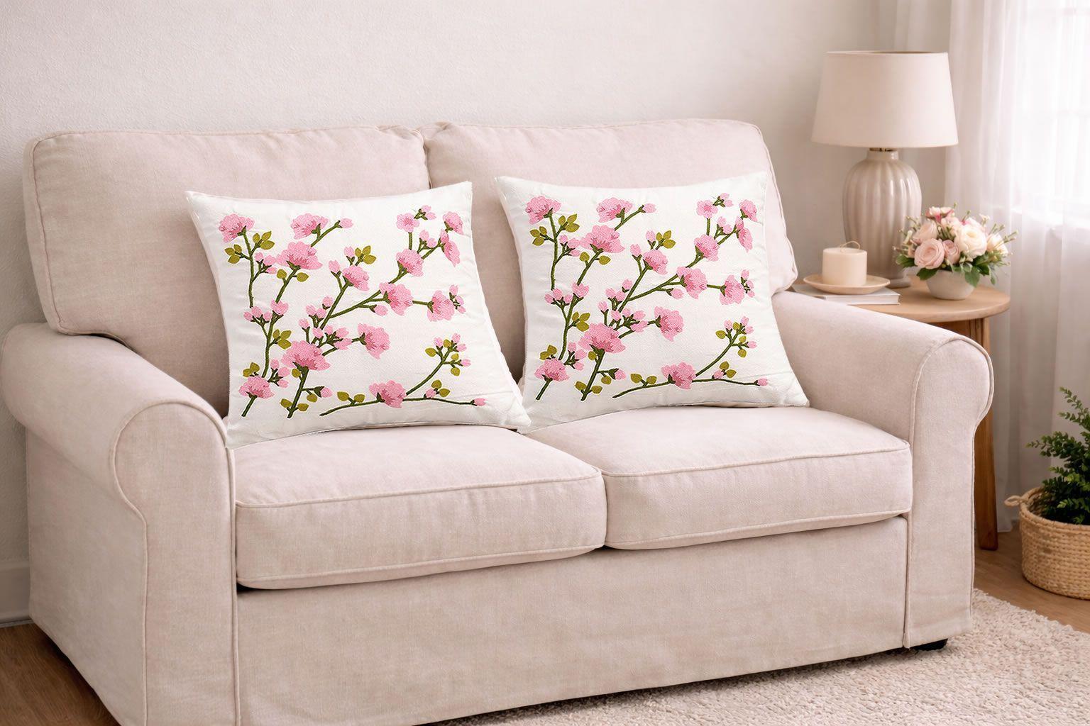 Set 2 Cojines Bordados Flor Cerezo - (Incluye Relleno)-1