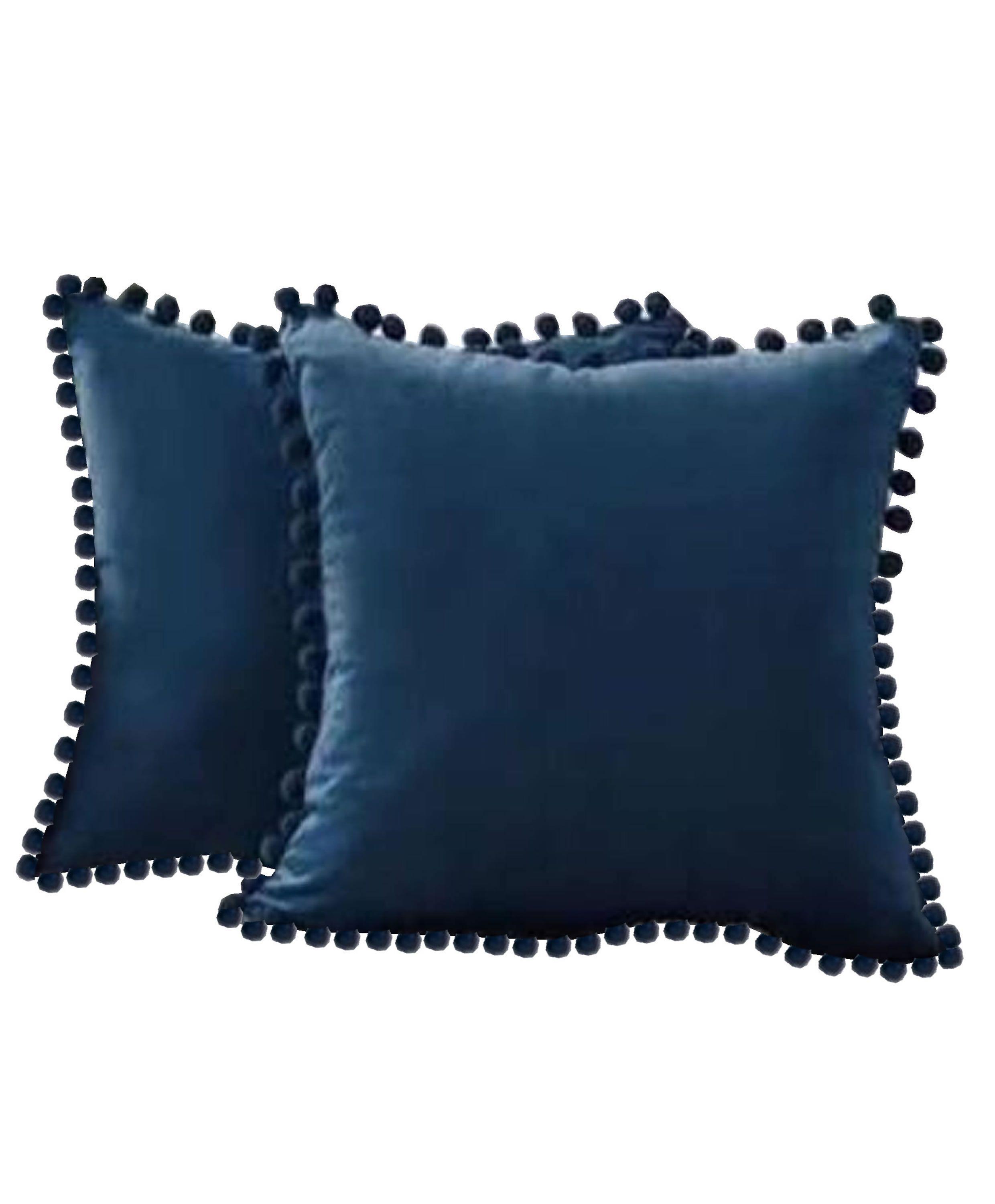 2 Cojines Terciopelo Azul con Pompon-0