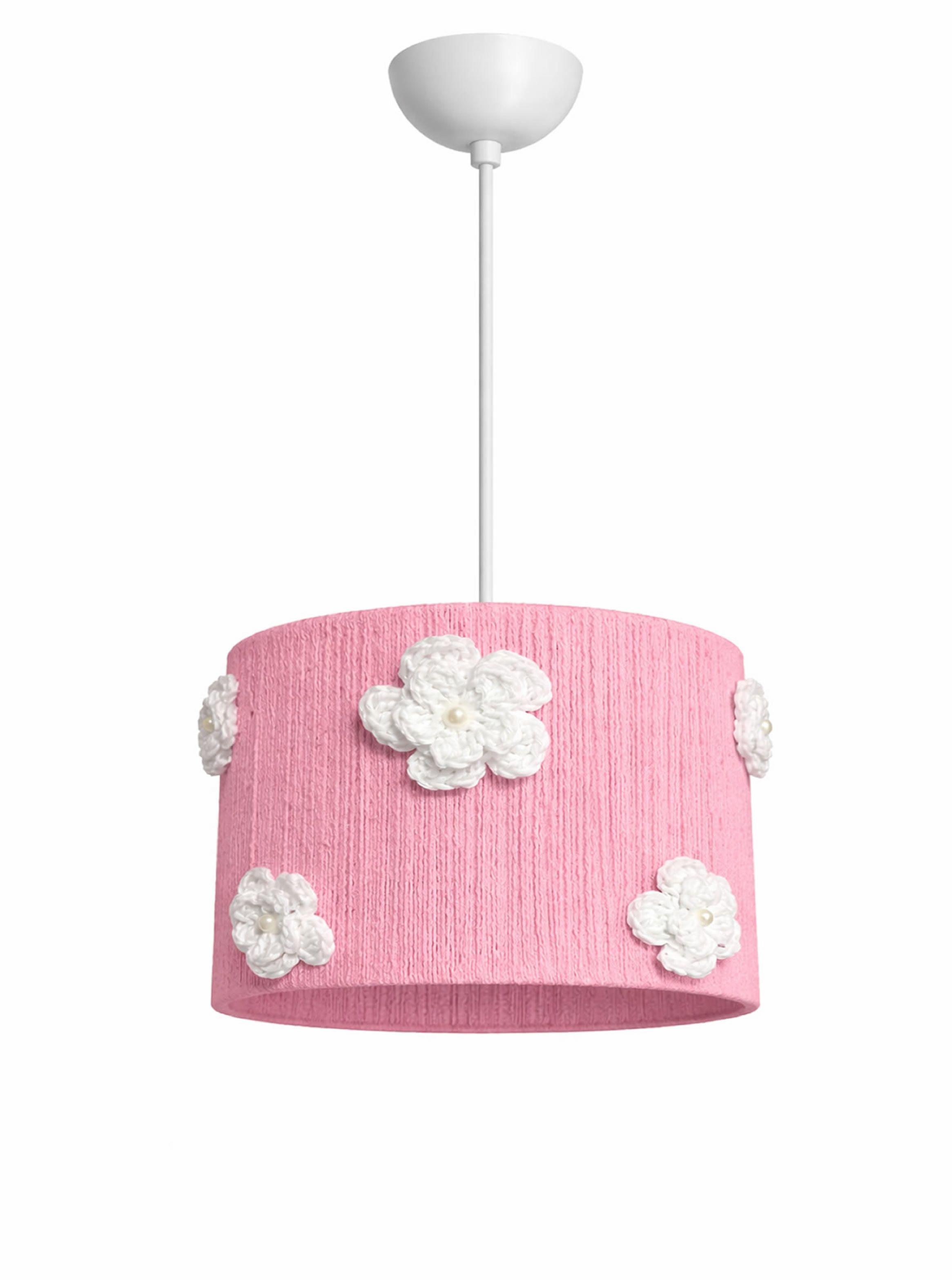 Lampara Infantil Colgante Lines Crochet Base Rosada Flor Blanca-0