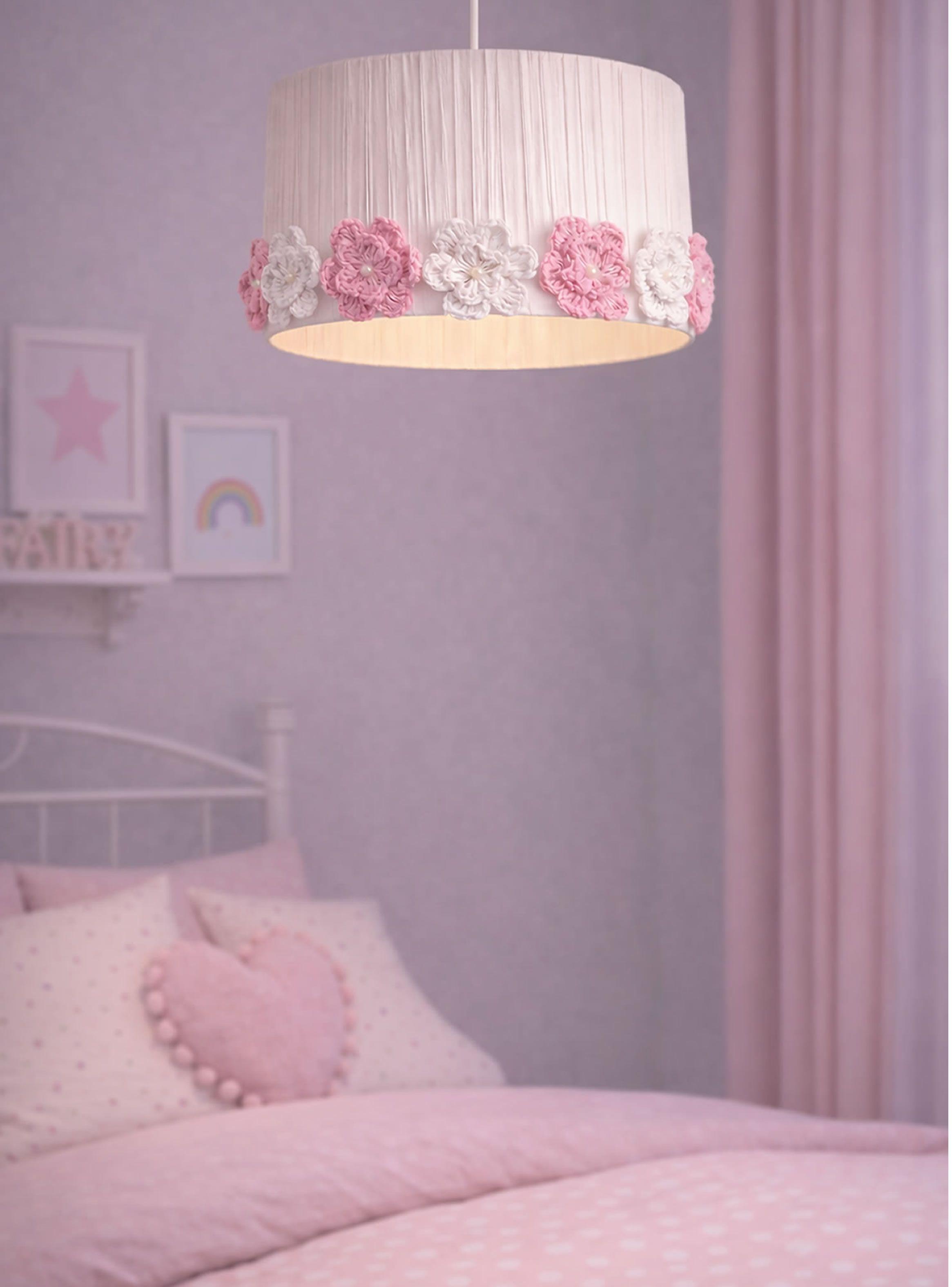 Lampara Infantil colgante corona de flores blanco rosa-2