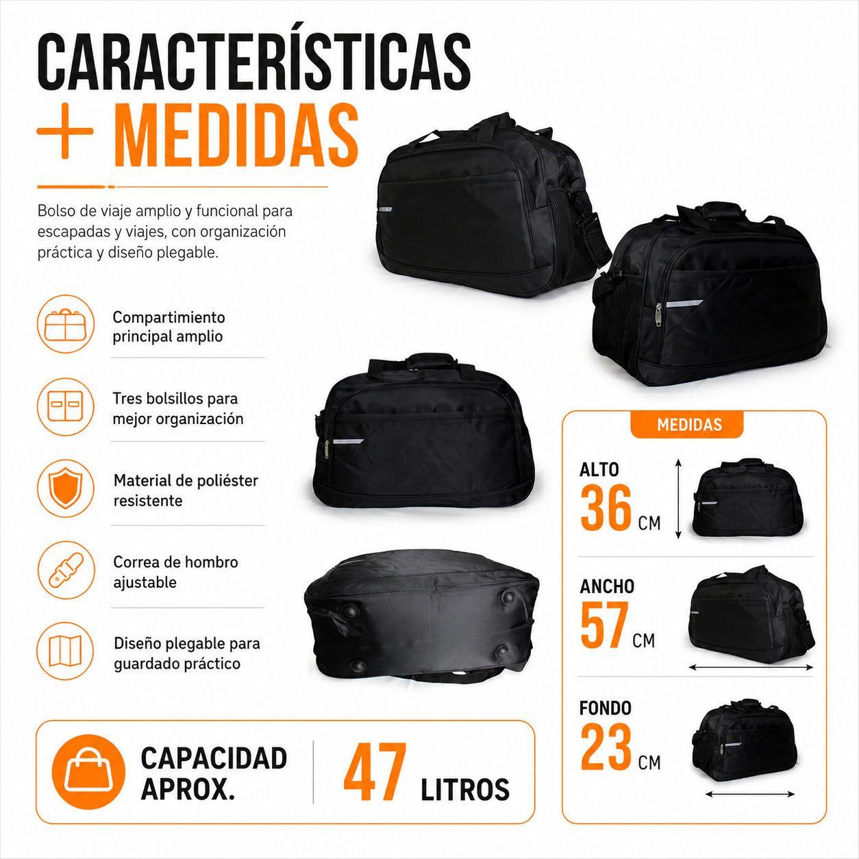 Bolso de Viaje Grande 47 L Plegable 3 Bolsillos-6