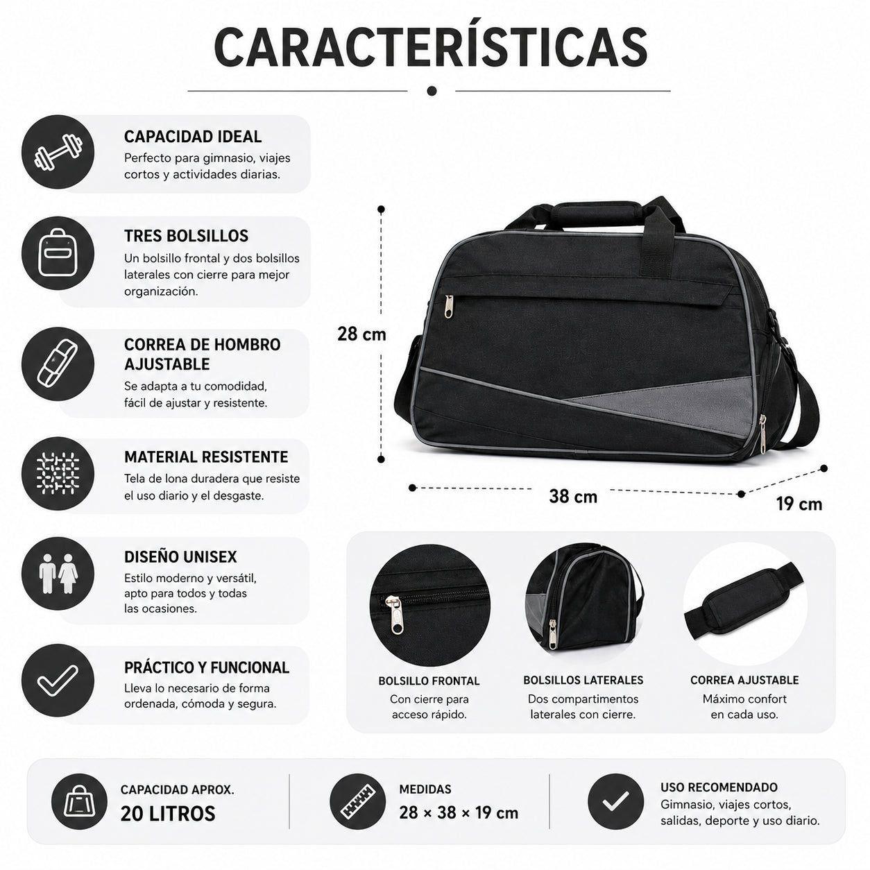 Bolso de Viaje 20 L Unisex Lona 3 Bolsillos-7