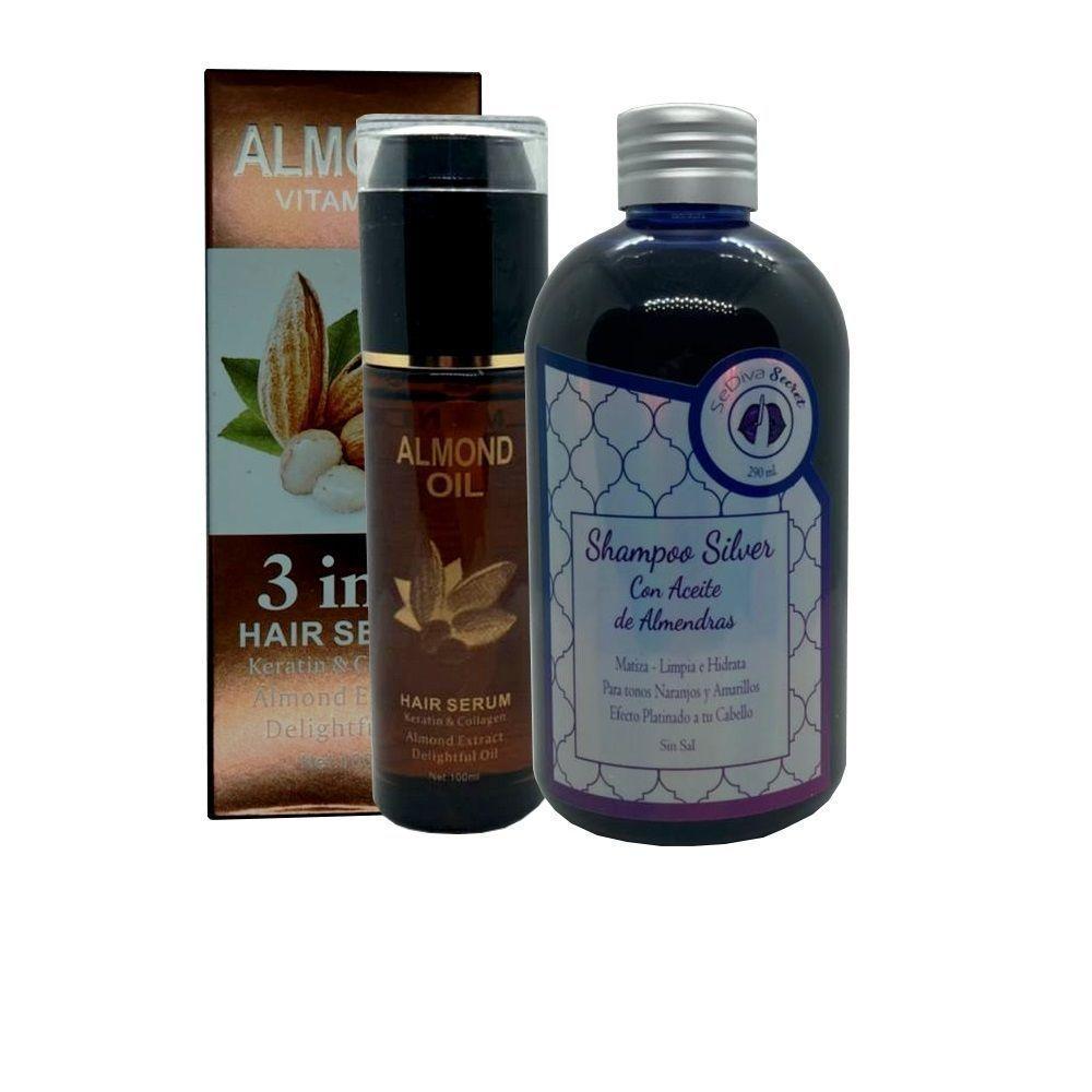 Pack Shampoo Matizador Silver Con Aceite de Almendra y Serum Capilar 3 en 1 Queratina   Aceite de Almendras .-0