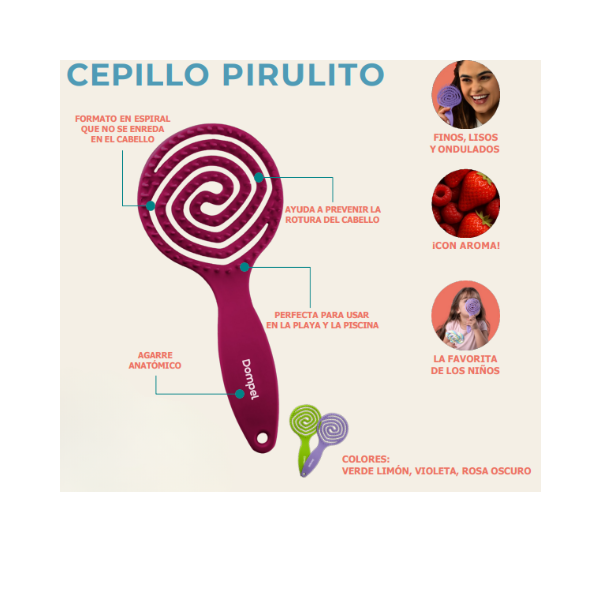 Cepillo desenredante Pirulito Verde Lima con aroma morango o frambuesa -3
