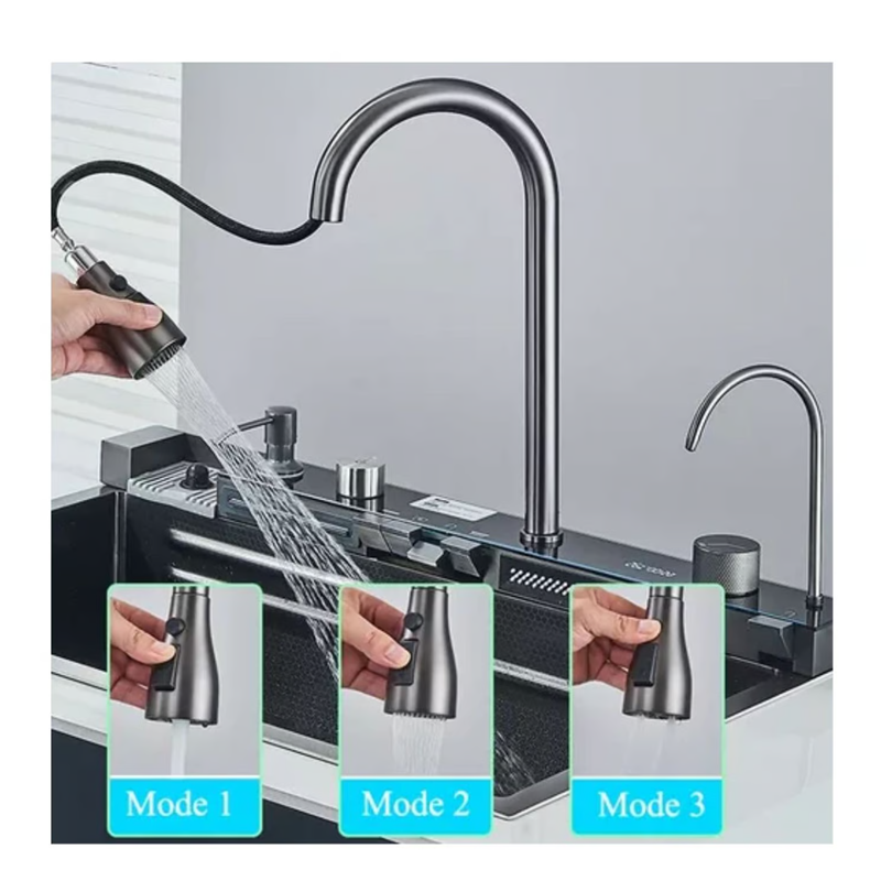 Lavaplatos Digital Cascada Inteligente 75x46 Lluvia Acero Inoxidable-1